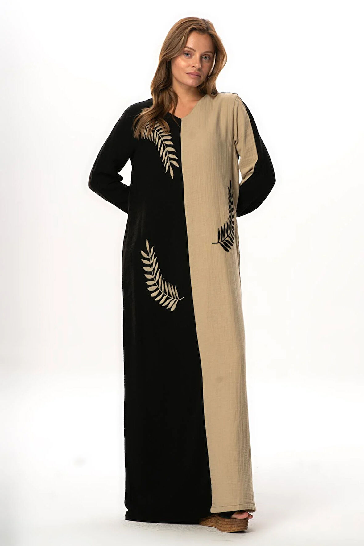 Uzun Kol Yaprak V Yaka Baskılı Müslin Uzun Otantik Yazlık Elbise Siyah/Vizon Syh/Vzn