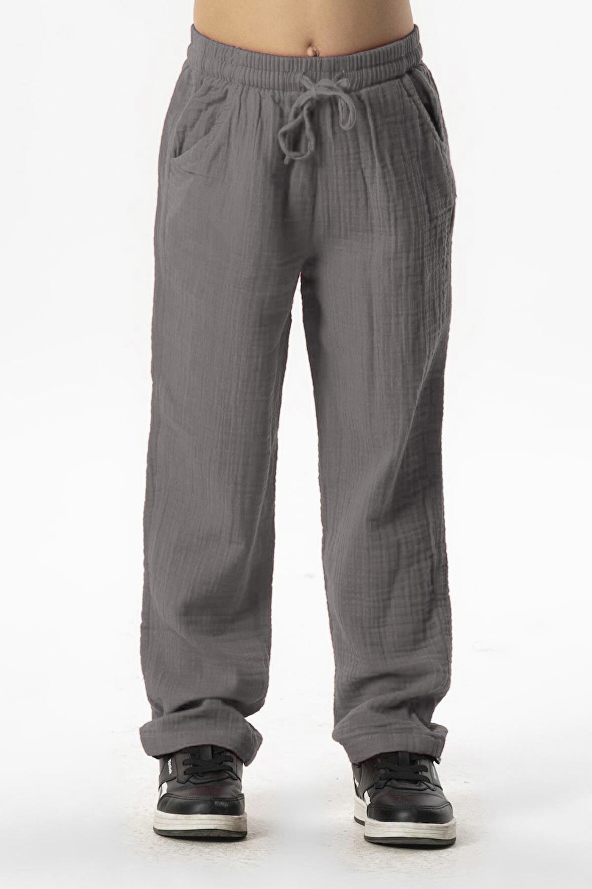 Beli Lastikli Müslin Cepli Yazlık Çocuk Pantolon Gri Gri