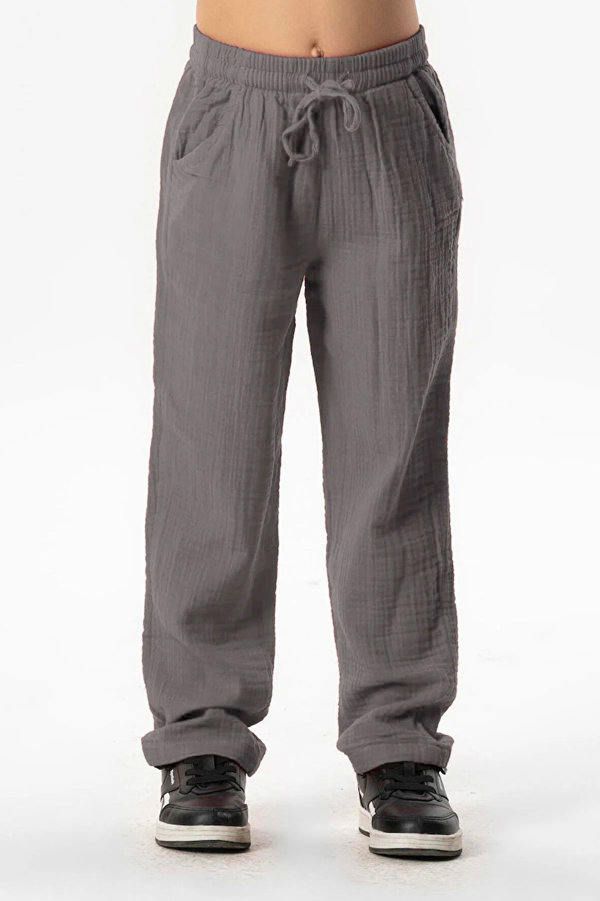 Beli Lastikli Müslin Cepli Yazlık Çocuk Pantolon Gri Gri