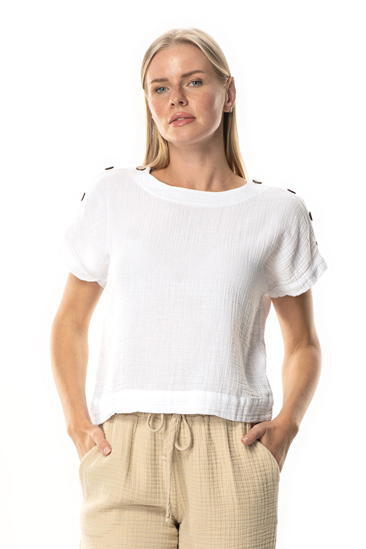 Kısa Kol Serap Bisiklet Yaka Müslin Yazlık Bluz Beyaz Byz