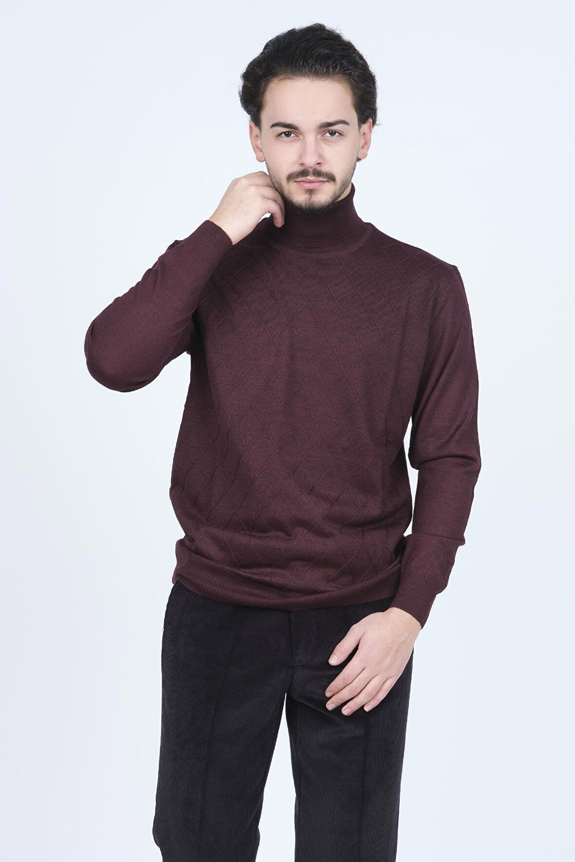 Woolen World Erkek Desenli Tam Balıkçı Triko Yün Kazak 5596984 Bordo