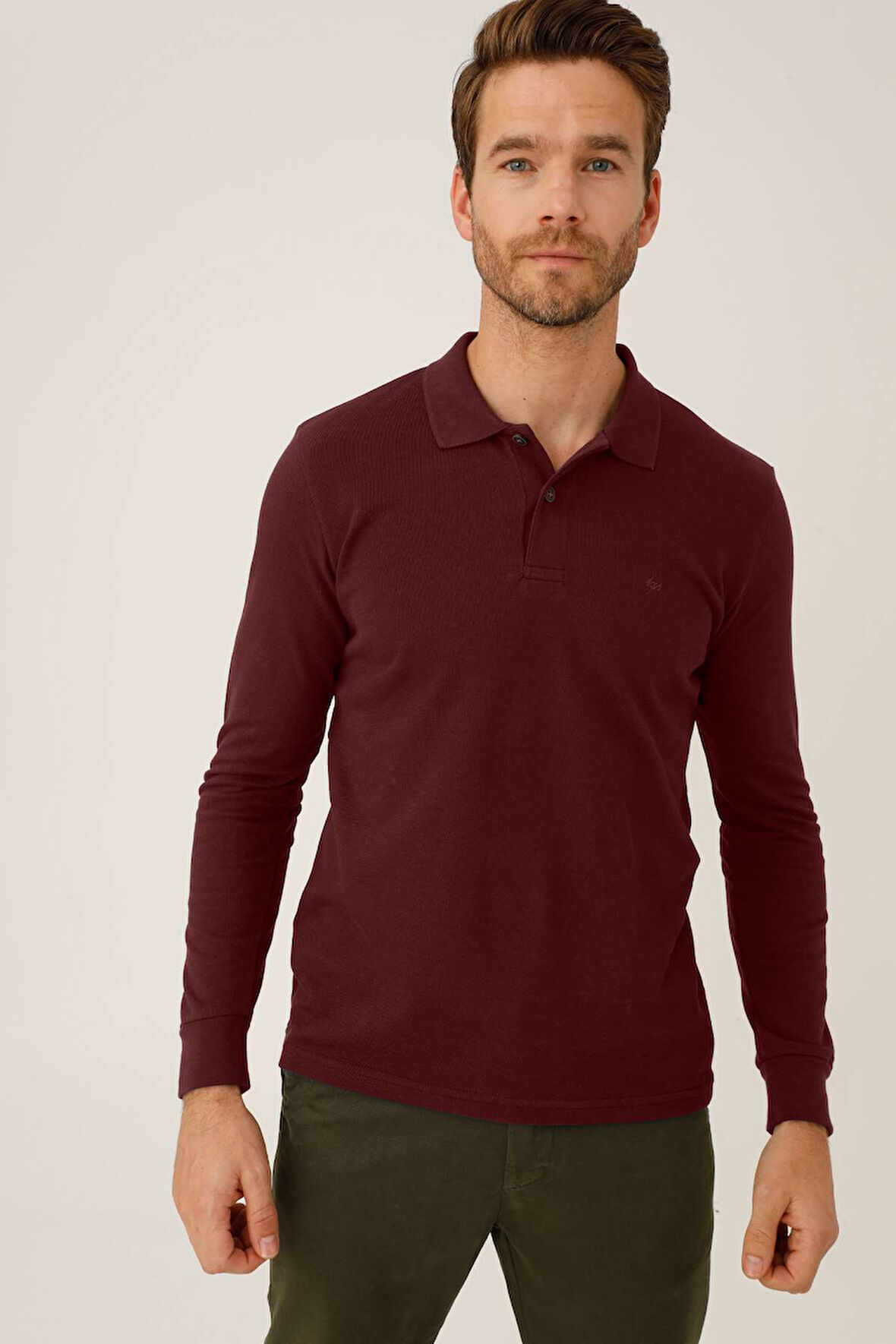 Erkek Bordo  Polo Yaka Düğmeli Sweatshirt
