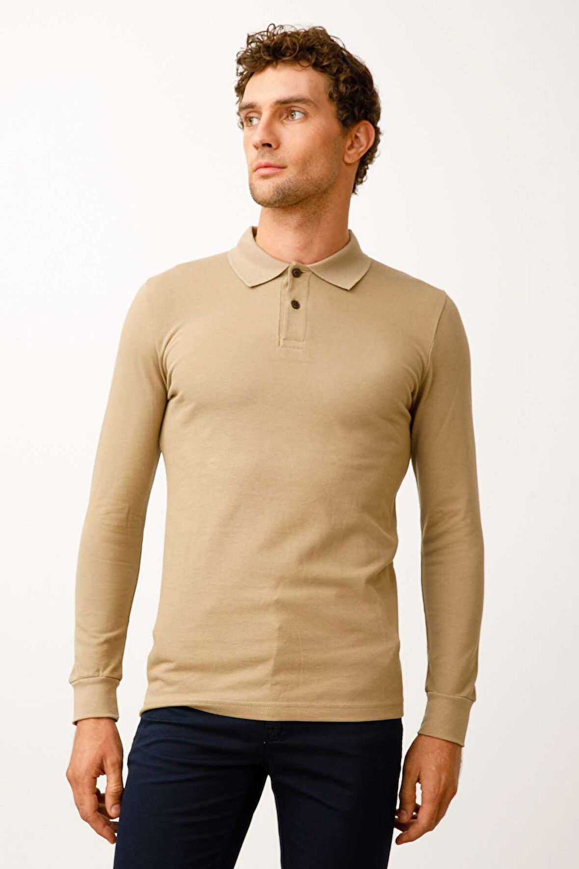 Erkek Taba  Polo Yaka Düğmeli Sweatshirt