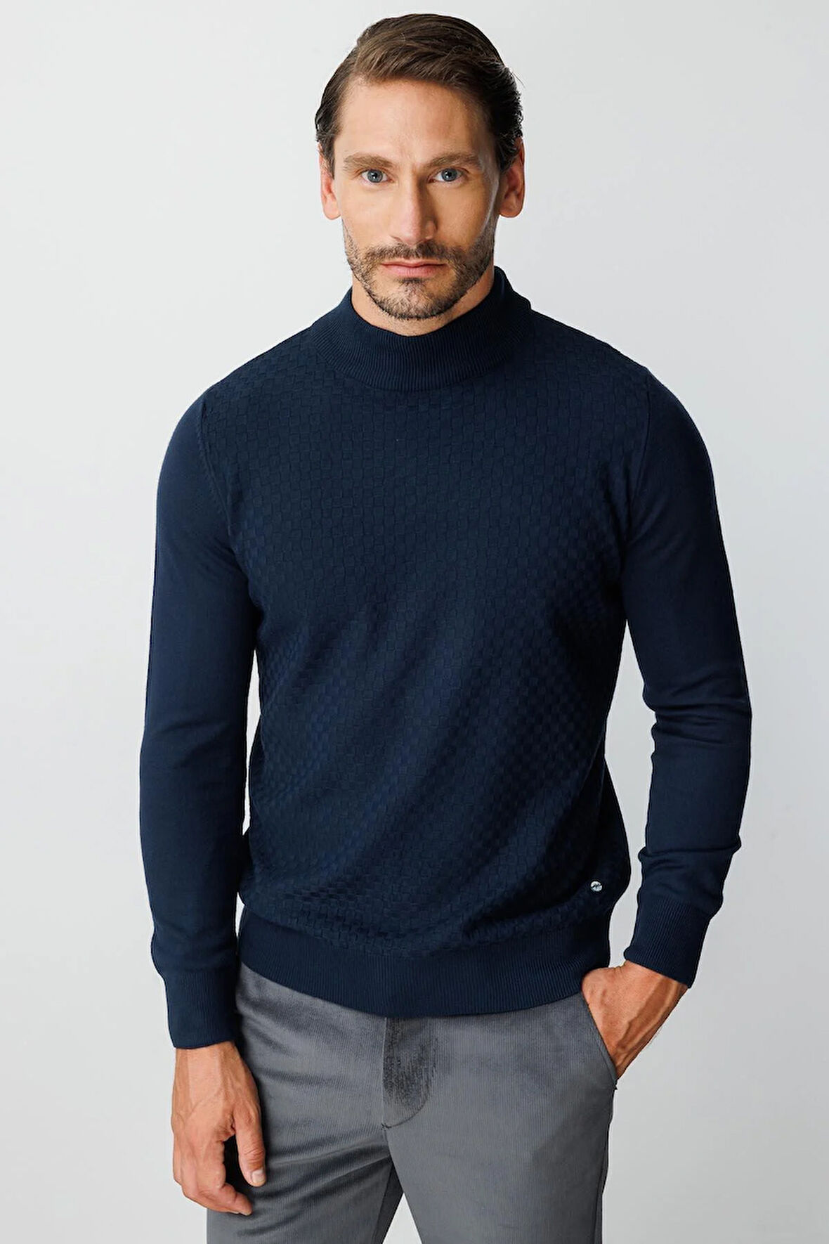 Lacivert Standart Fit Dar Kalıp Yarım Balıkçı Düz Uzun Kollu  Triko