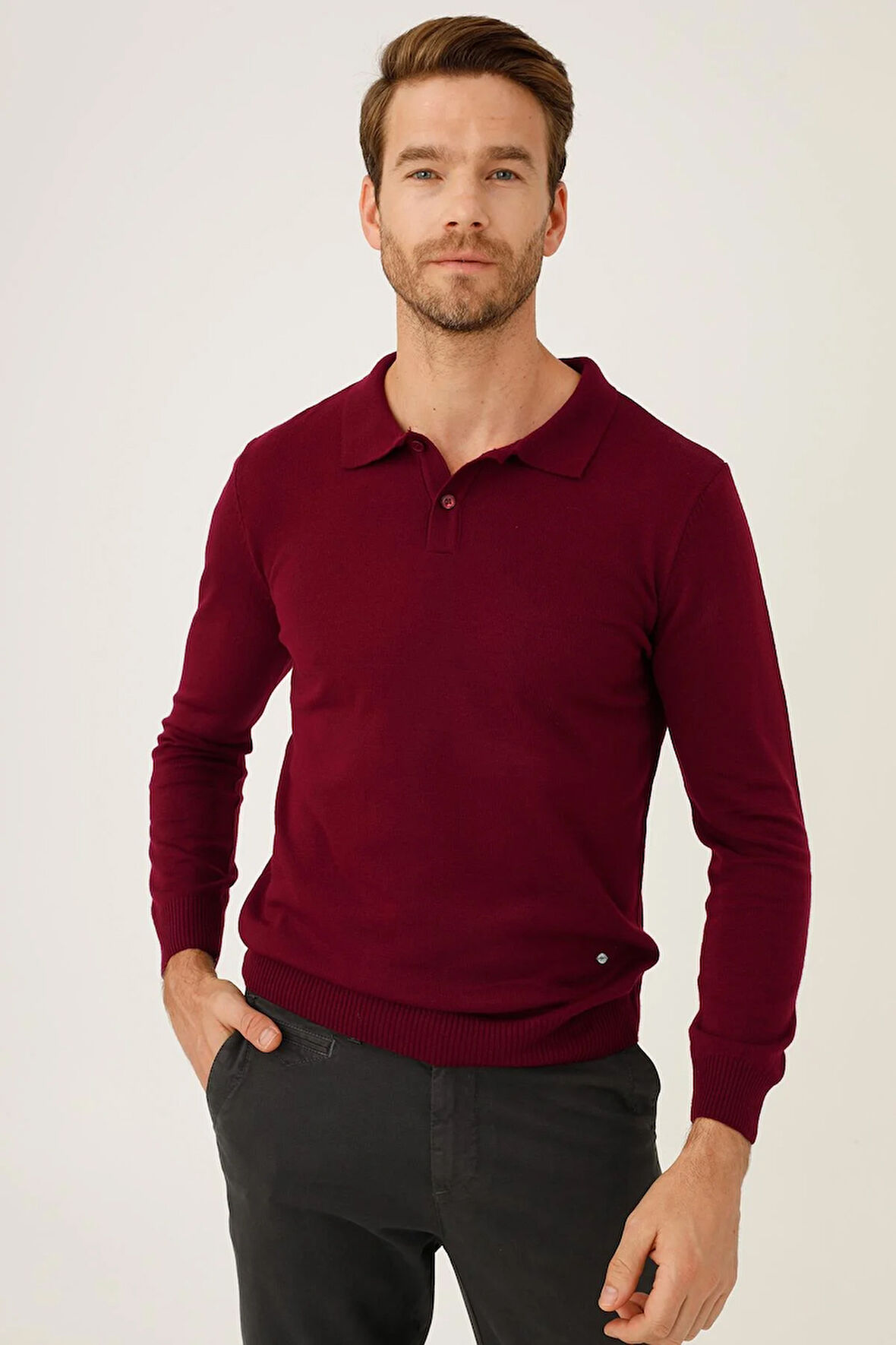 Bordo Standart Fit Dar Kalıp Polo Yaka Düz Uzun Kollu  Triko