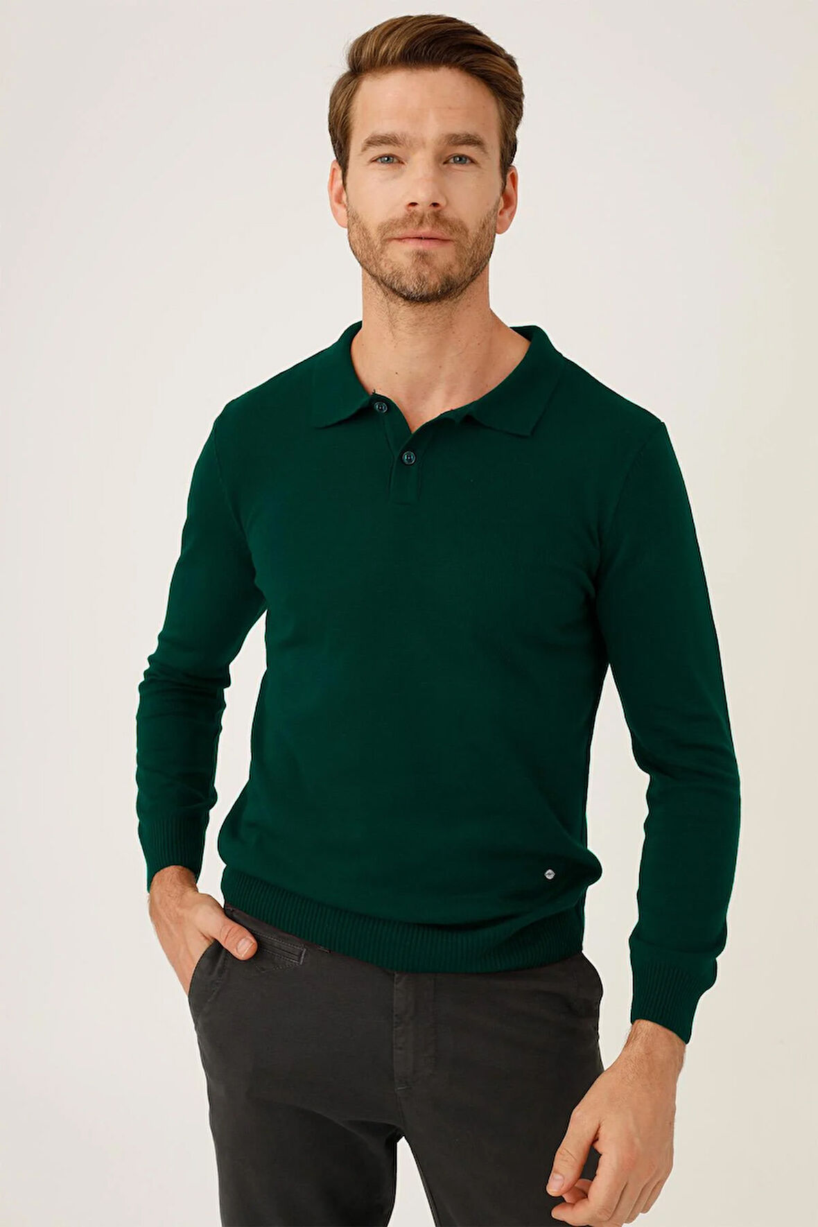 Petrol Standart Fit Dar Kalıp Polo Yaka Düz Uzun Kollu  Triko