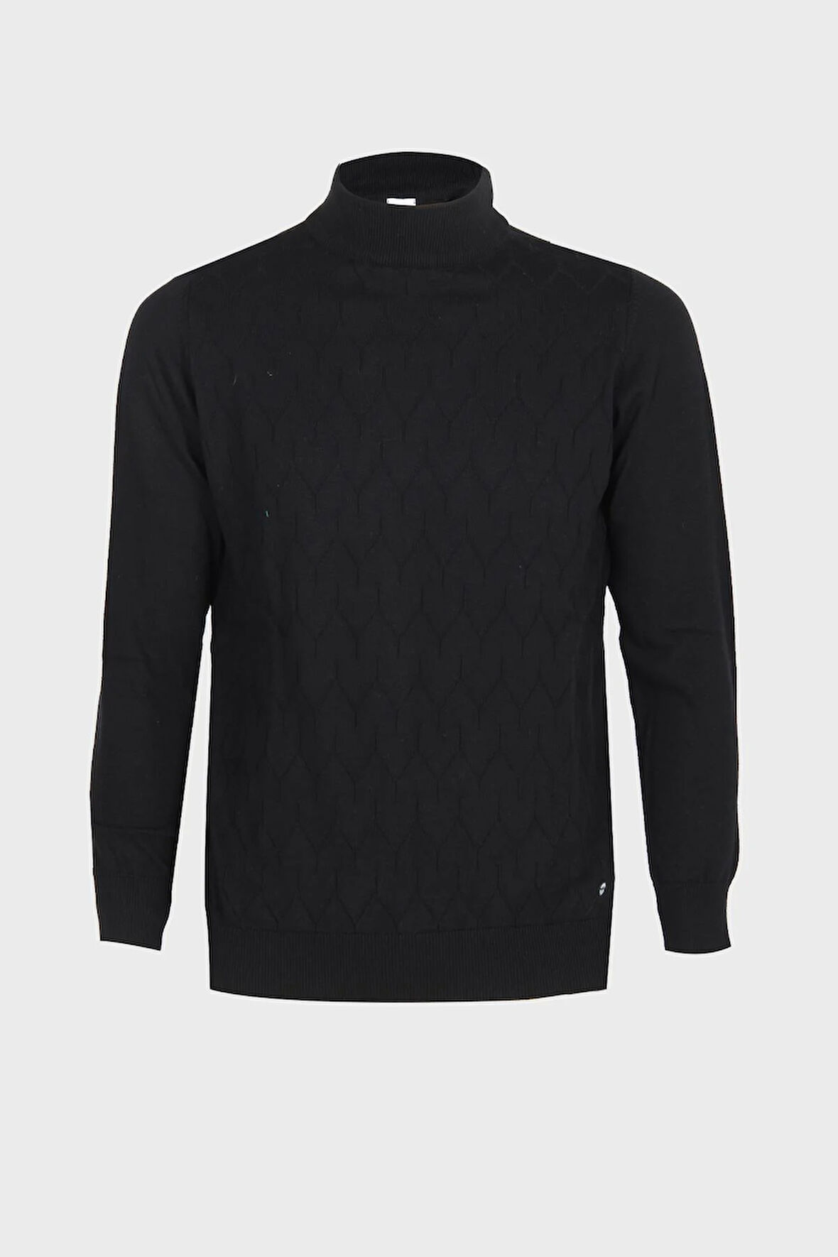 Siyah Standart Fit Dar Kalıp Yarım Balıkçı Desenli Uzun Kollu  Triko