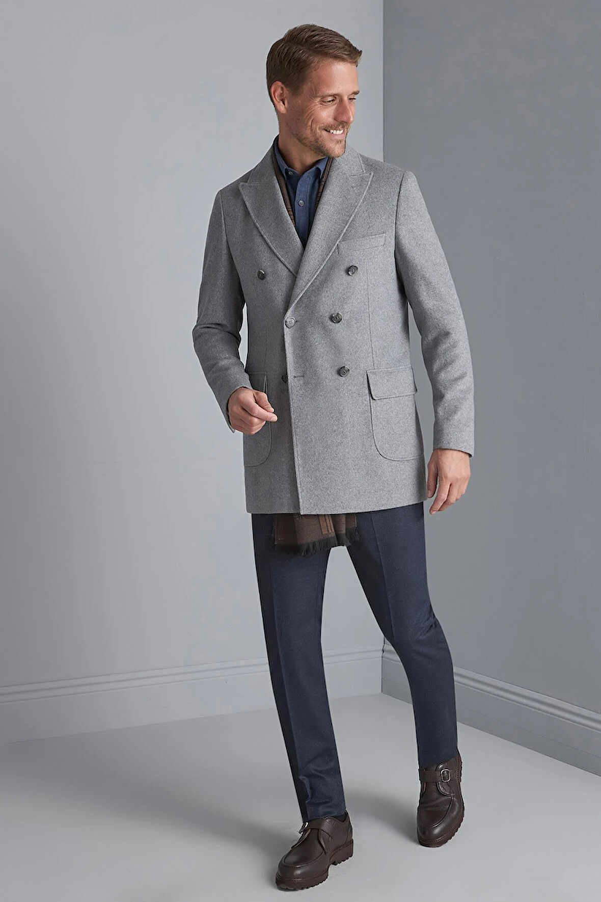 Erkek Gri Regularfit / Rahat Kalıp Kruvaze Kaban