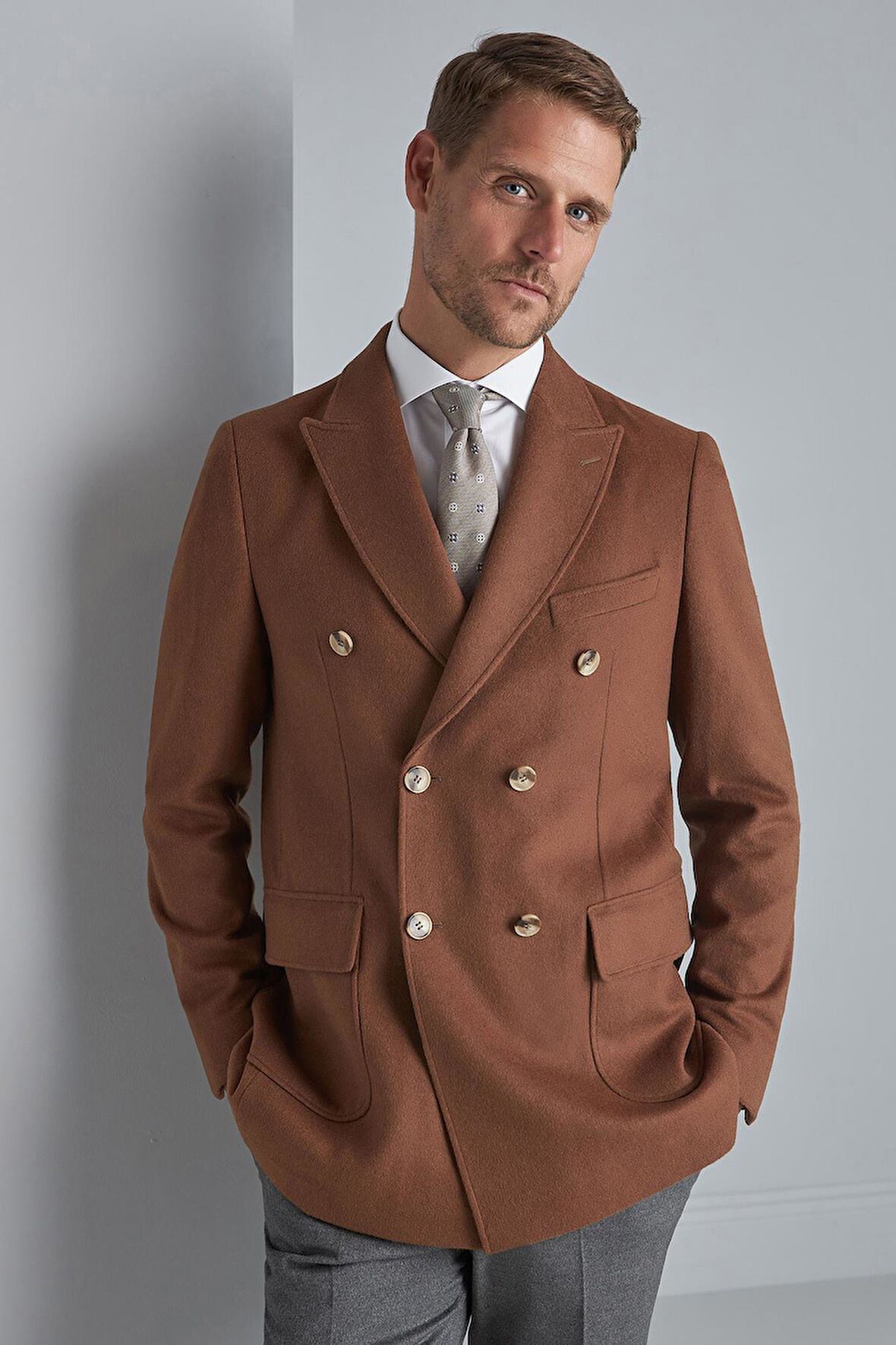 Erkek Kiremit Regularfit / Rahat Kalıp Kruvaze Kaban