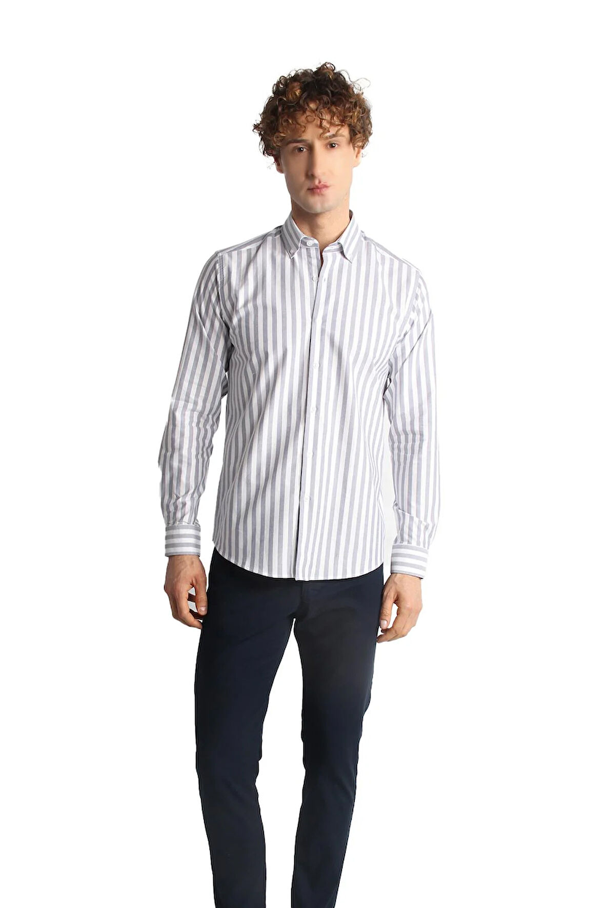 Lacivert Dynamic Fit  Düğmeli Yaka Çizgili Uzun Kollu Cepsiz %100 Pamuk Gömlek