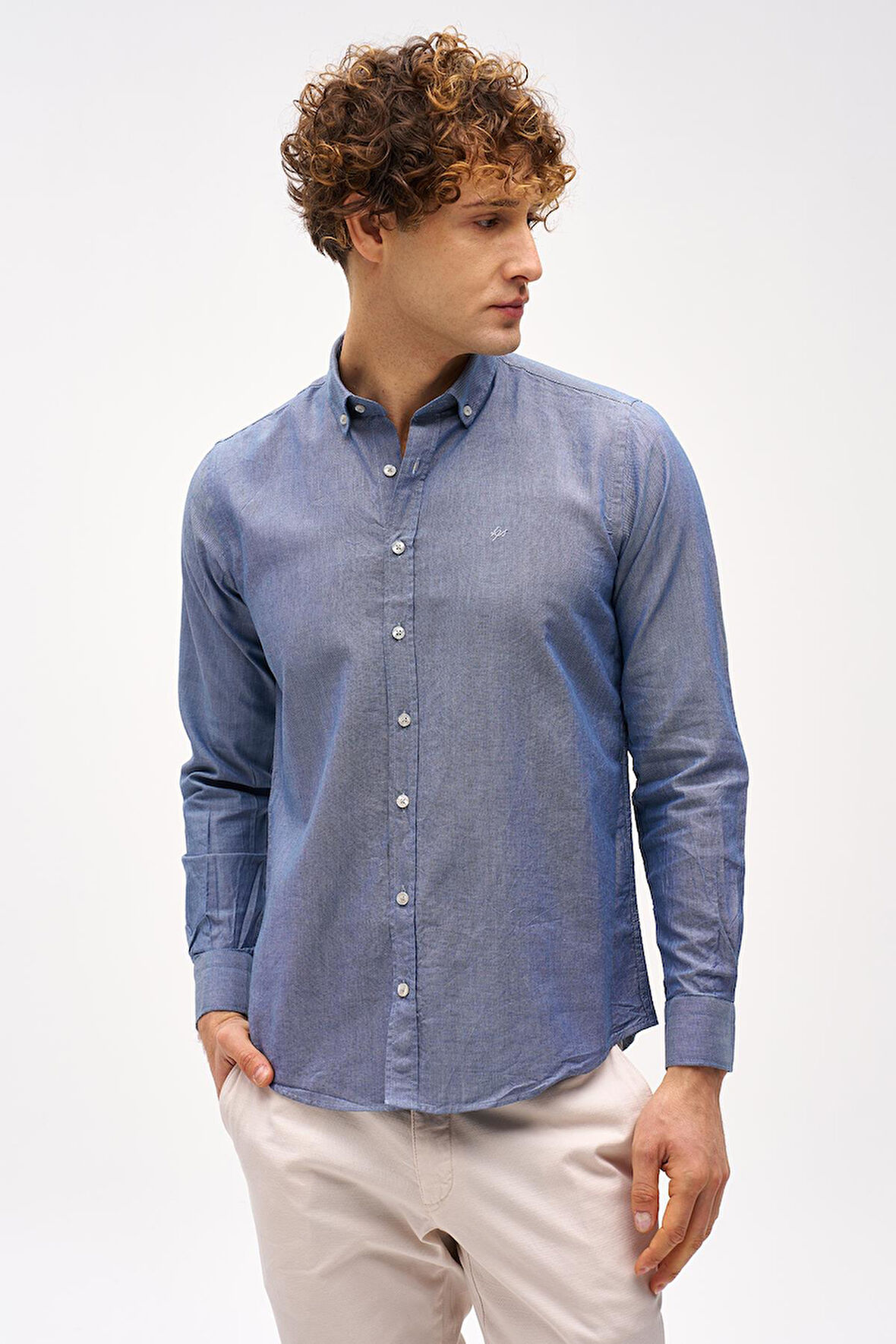 Lacivert Dynamic Fit  Düğmeli Yaka Düz Uzun Kollu Cepsiz Pamuklu Gömlek