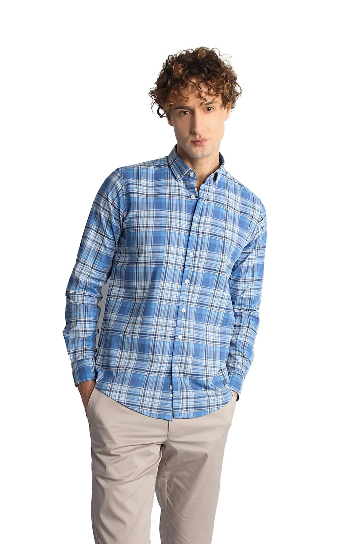 Mavi Dynamic Fit  Düğmeli Yaka Ekose Uzun Kollu Cepsiz %100 Pamuk Gömlek