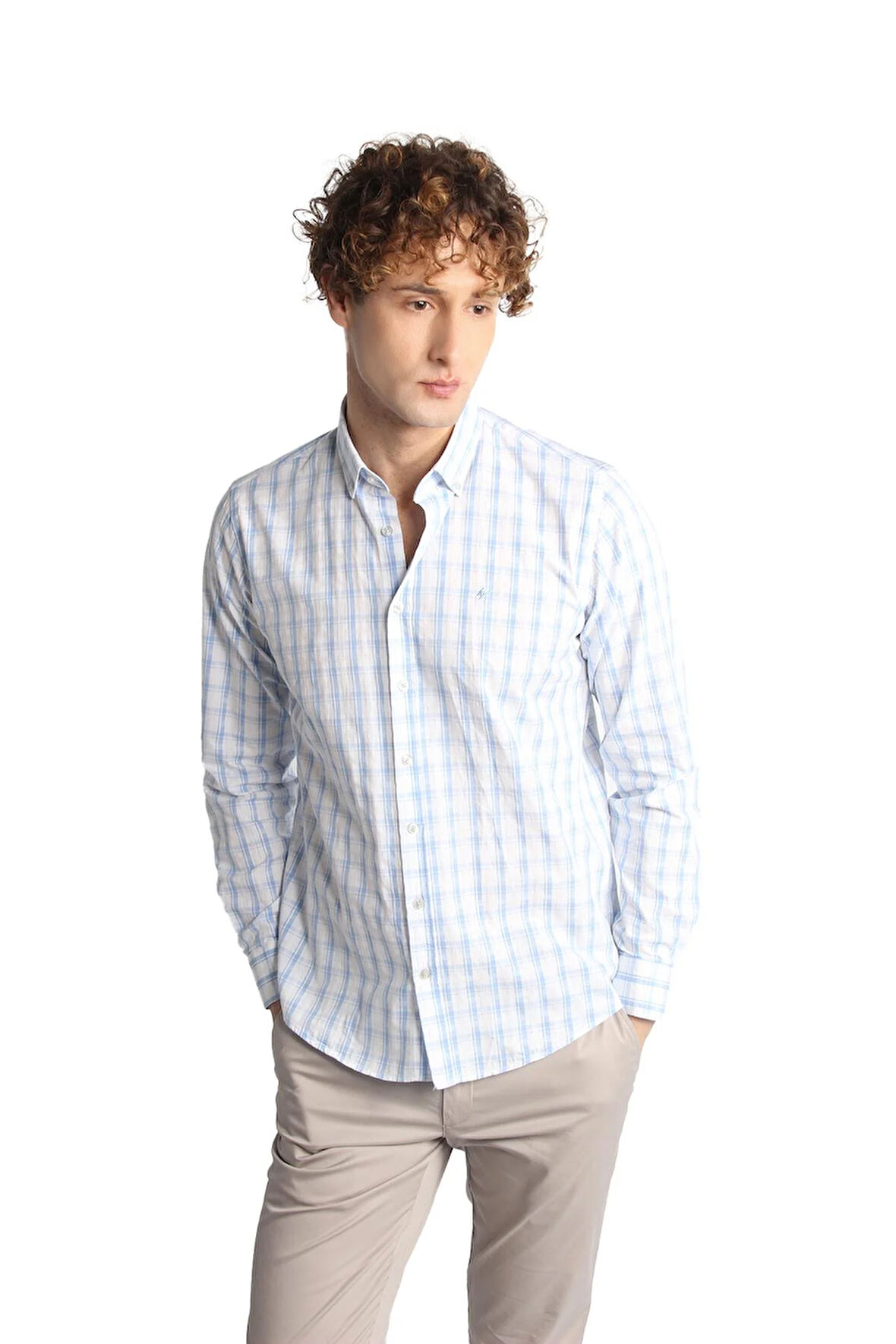 Mavi Dynamic Fit  Düğmeli Yaka Ekose Uzun Kollu Cepsiz %100 Pamuk Gömlek