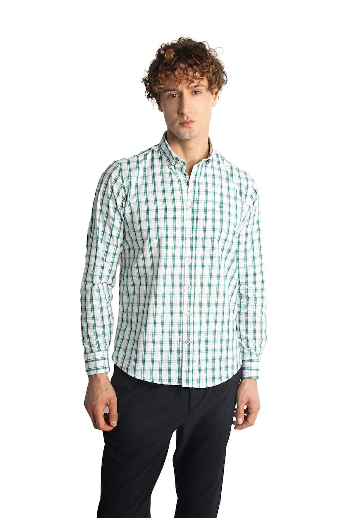 Yeşil Dynamic Fit  Düğmeli Yaka Ekose Uzun Kollu Cepsiz %100 Pamuk Gömlek