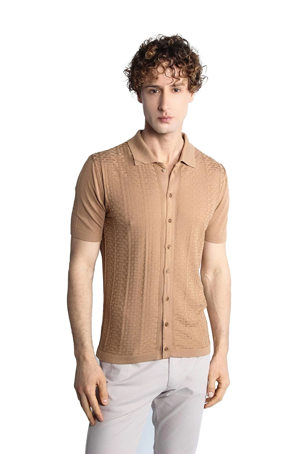 Vizon Slim Fit Dar Kalıp Düğmeli Polo Yaka Desenli Kısa Kollu Triko Tişört