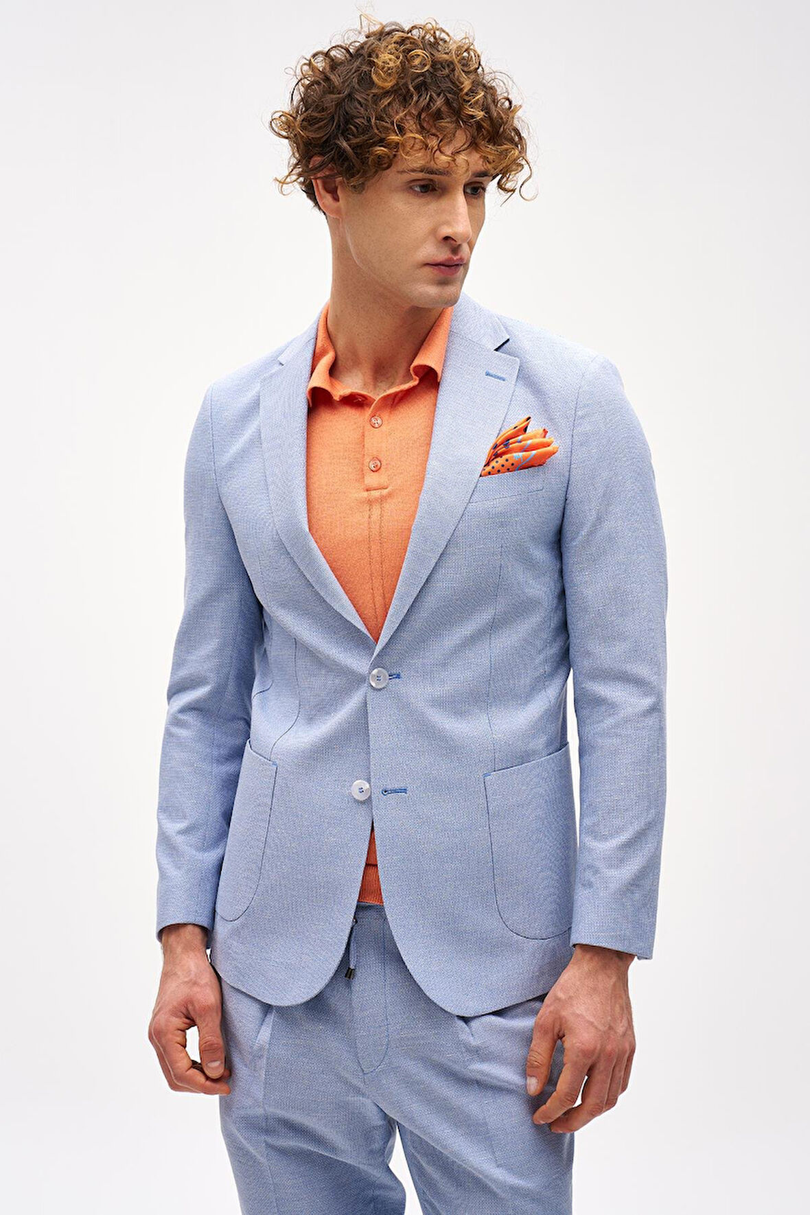 Erkek Mavi Slim Fit / Dar Kalıp Mono Yaka Takım Elbise