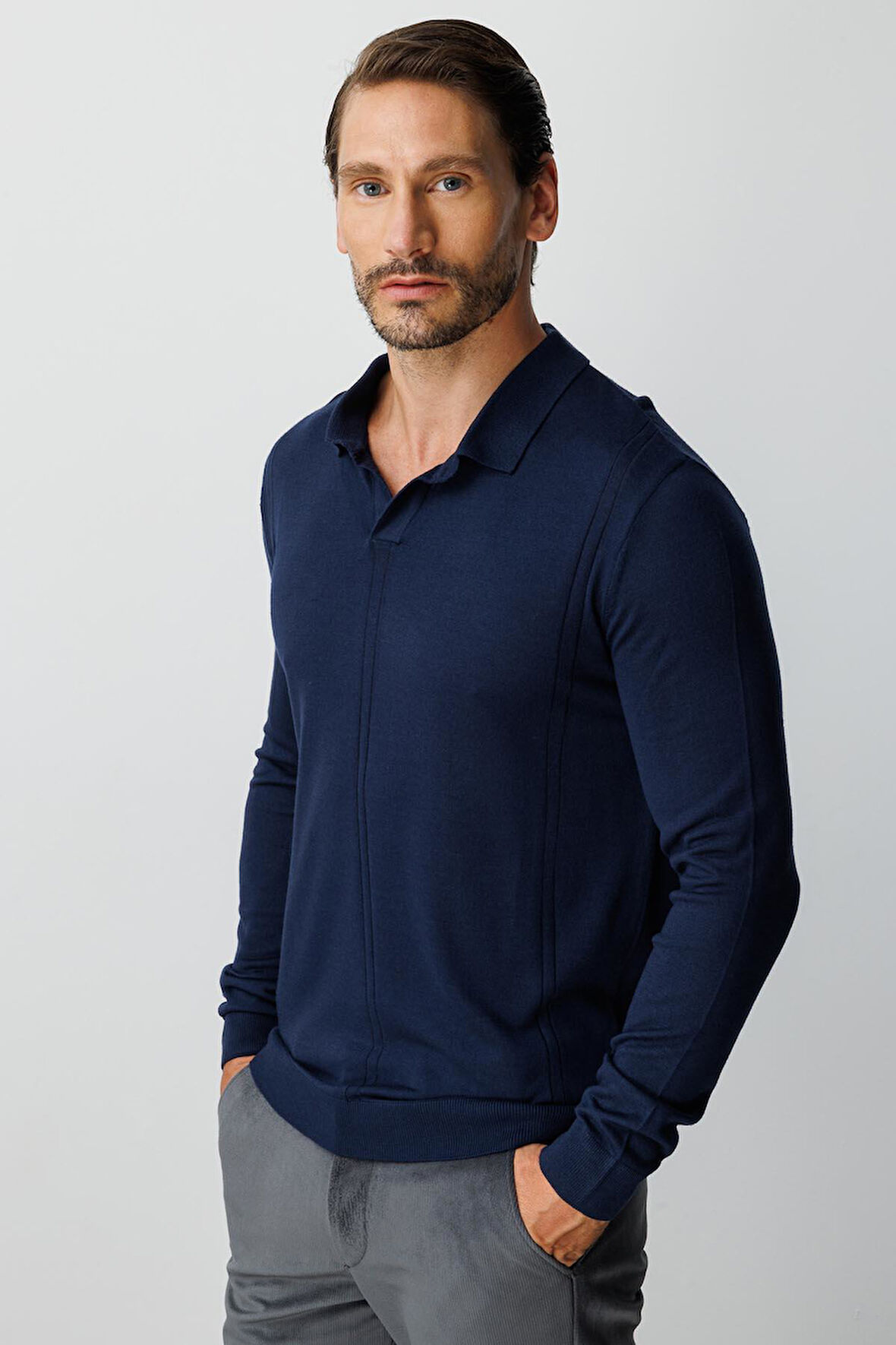 Lacivert Standart Fit  Polo Yaka  Düz Uzun Kollu  Triko