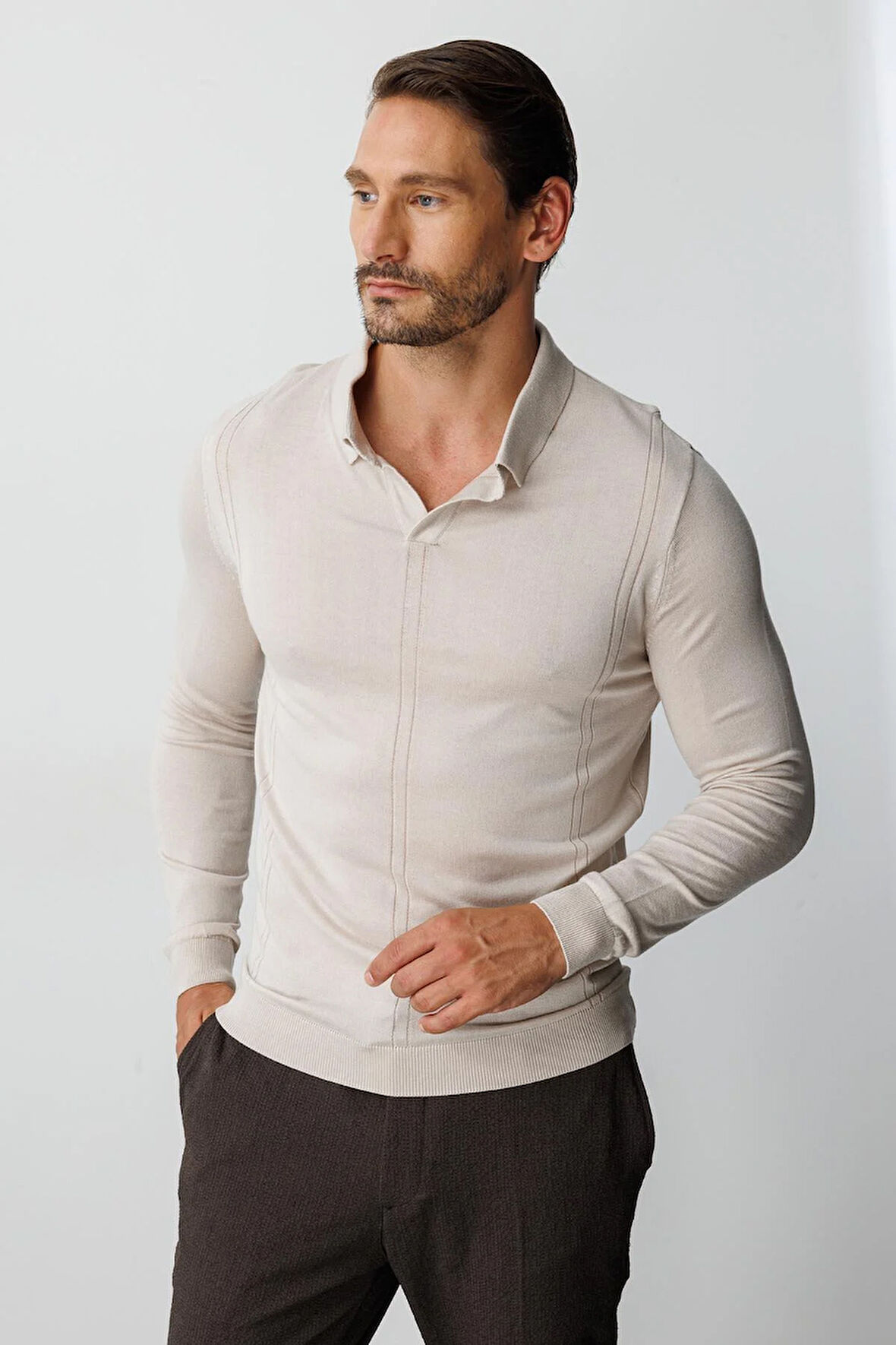 Bej Standart Fit  Polo Yaka  Düz Uzun Kollu  Triko