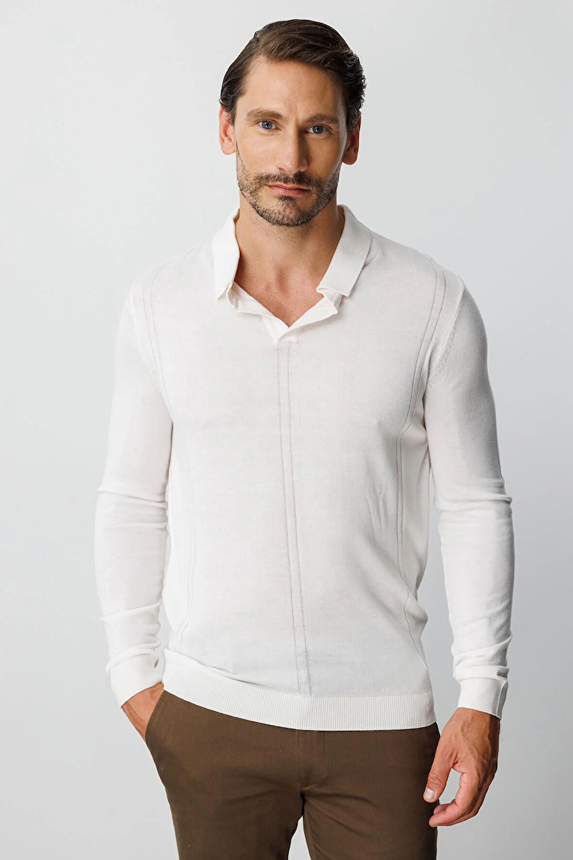 Ekru Standart Fit  Polo Yaka  Düz Uzun Kollu  Triko