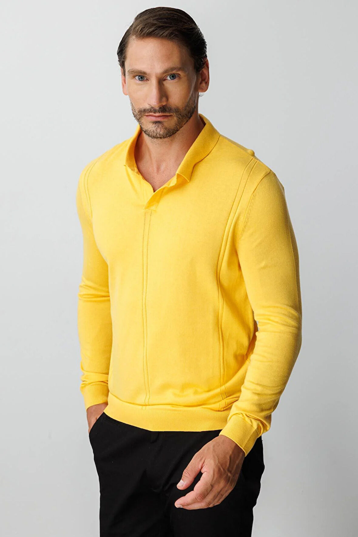 Sarı Standart Fit  Polo Yaka  Düz Uzun Kollu  Triko