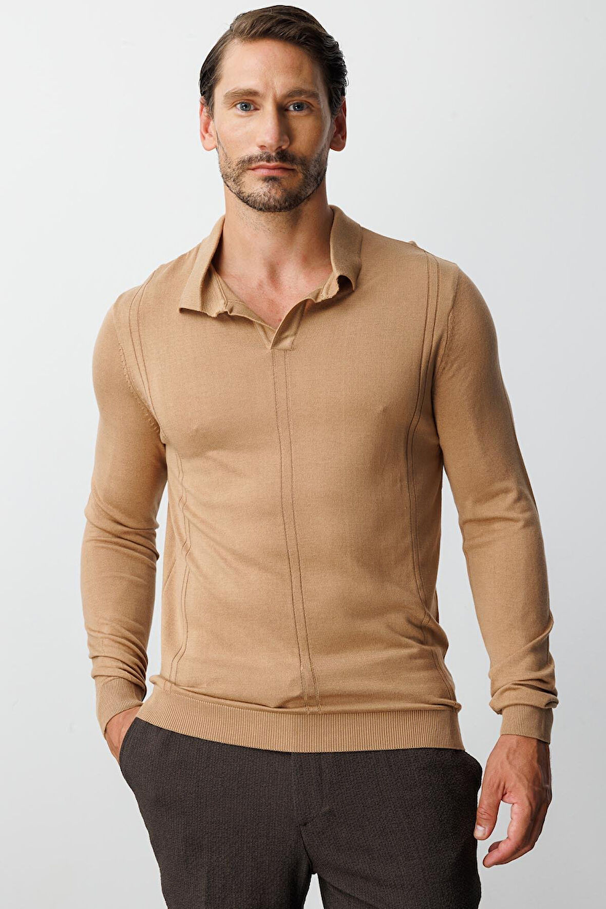 Koyu Bej Standart Fit  Polo Yaka  Düz Uzun Kollu  Triko