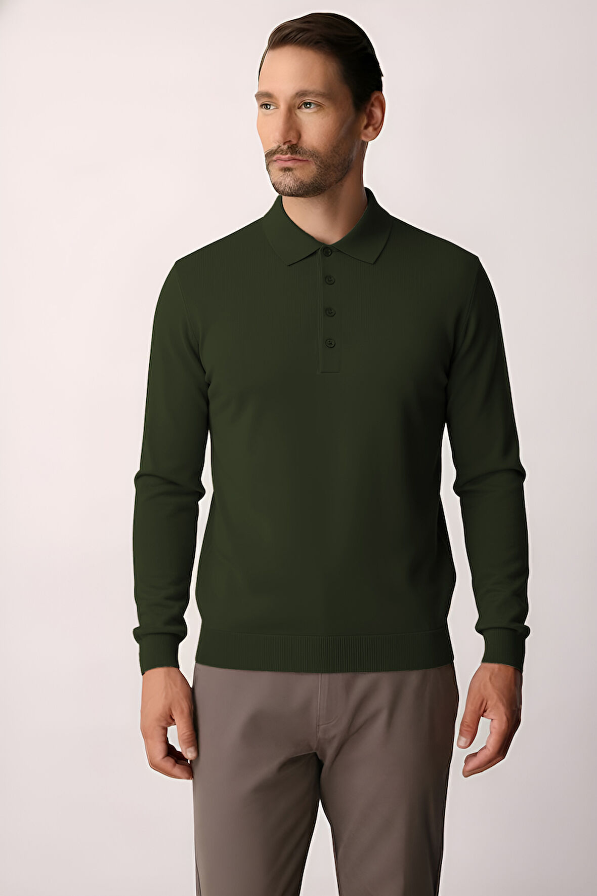 Haki Standart Fit Dar Kalıp Polo Yaka Düz Uzun Kollu  Triko