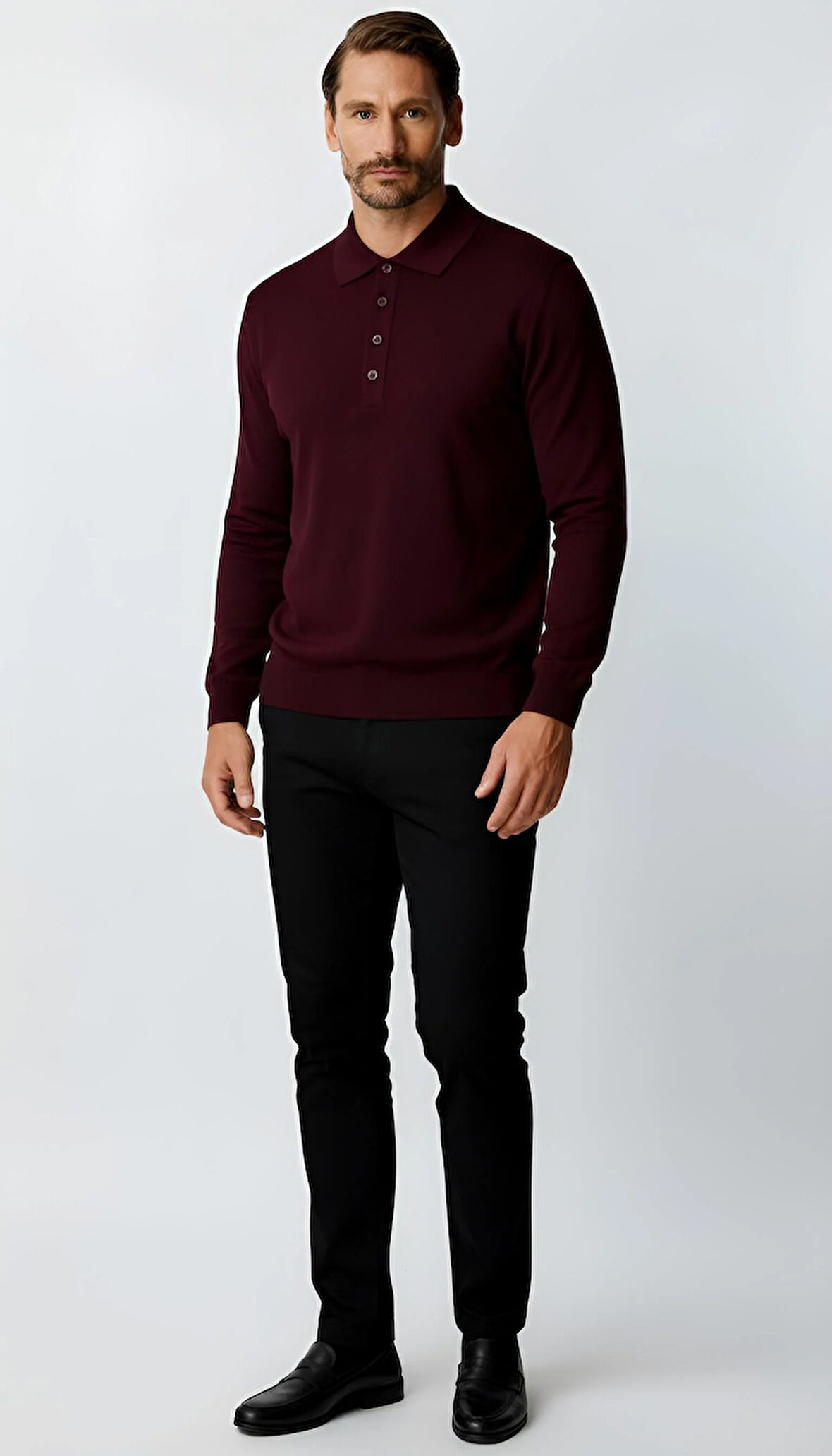 Mürdüm Standart Fit Dar Kalıp Polo Yaka Düz Uzun Kollu  Triko