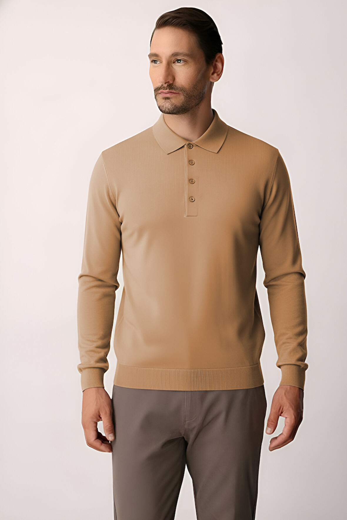Açık Kahve Standart Fit Dar Kalıp Polo Yaka Düz Uzun Kollu  Triko