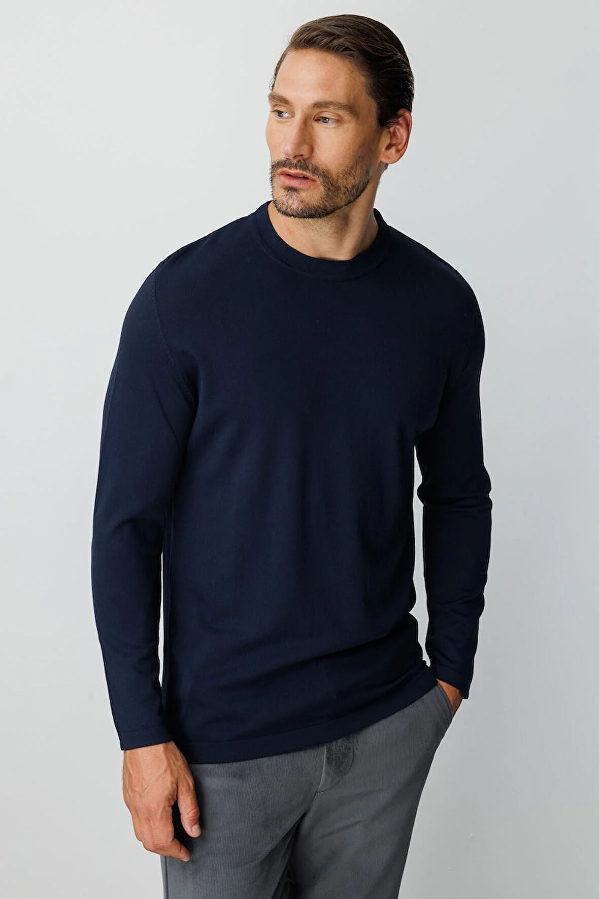 Lacivert Standart Fit Dar Kalıp Bisiklet Yaka Düz Uzun Kollu  Triko