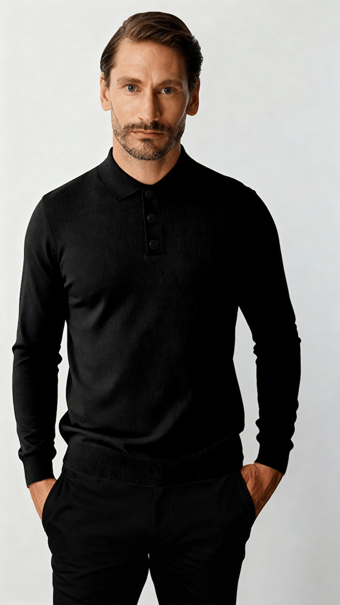 Siyah Standart Fit Dar Kalıp Polo Yaka Düz Uzun Kollu  Rayon Triko