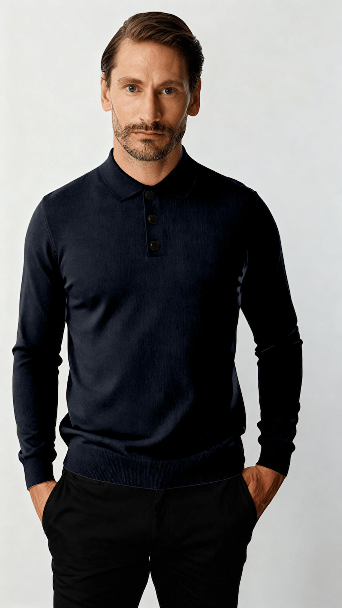 Lacivert Standart Fit Dar Kalıp Polo Yaka Düz Uzun Kollu  Rayon Triko