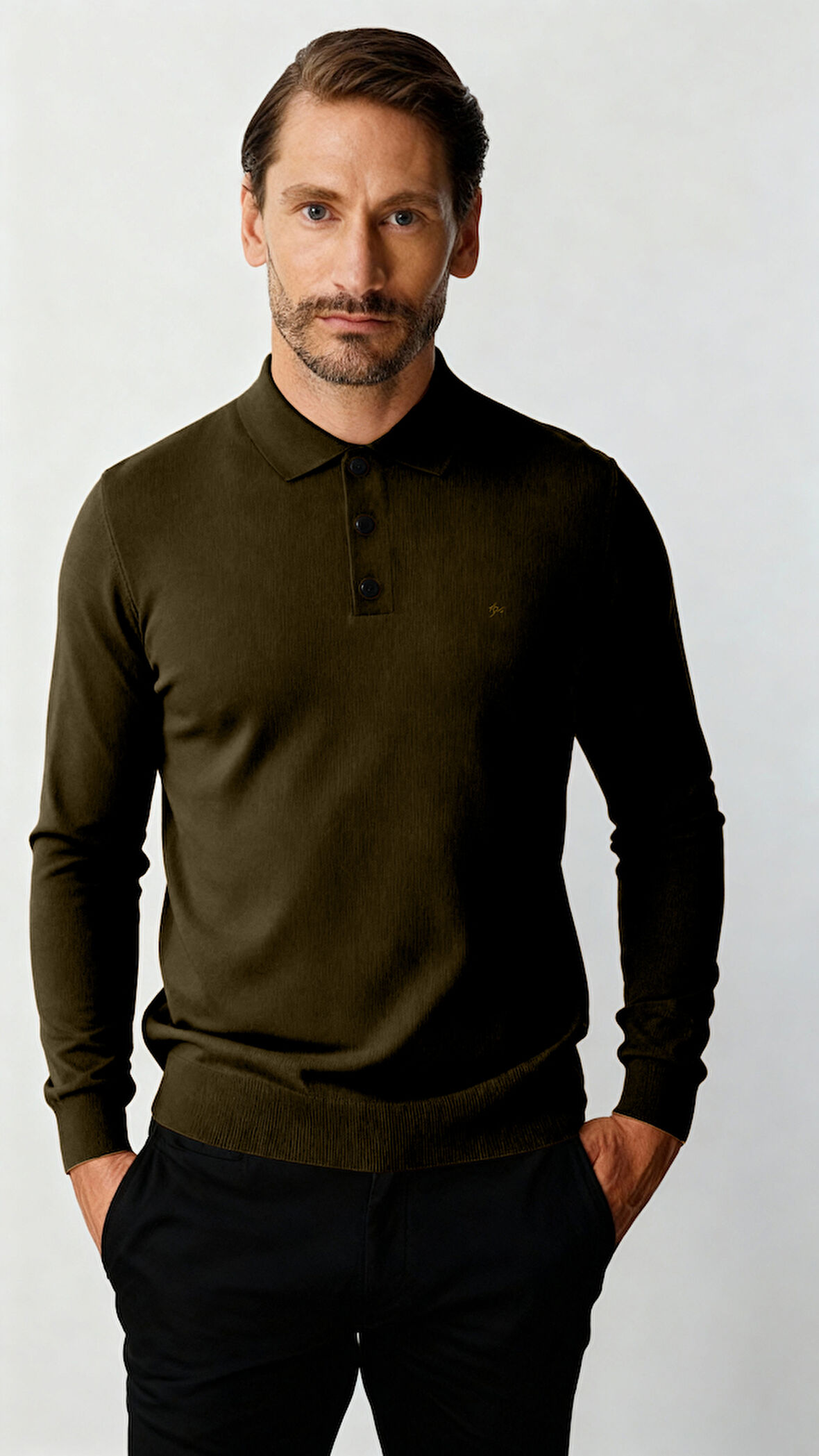 Haki Standart Fit Dar Kalıp Polo Yaka Düz Uzun Kollu  Rayon Triko