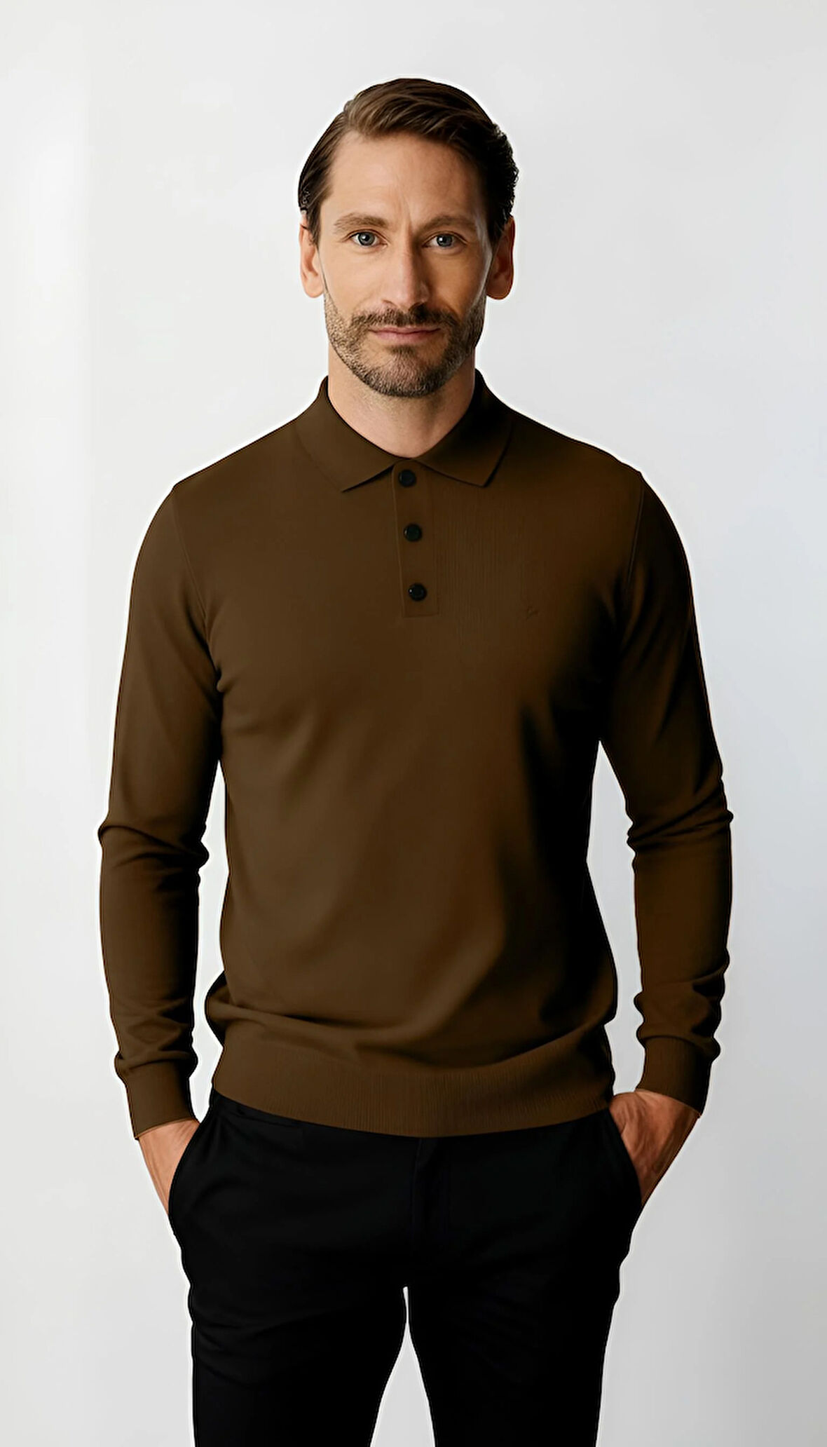 Kahve Standart Fit Dar Kalıp Polo Yaka Düz Uzun Kollu  Triko