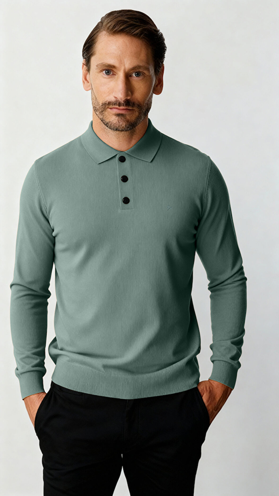 Mint Yeşili Standart Fit Dar Kalıp Polo Yaka Düz Uzun Kollu  Triko
