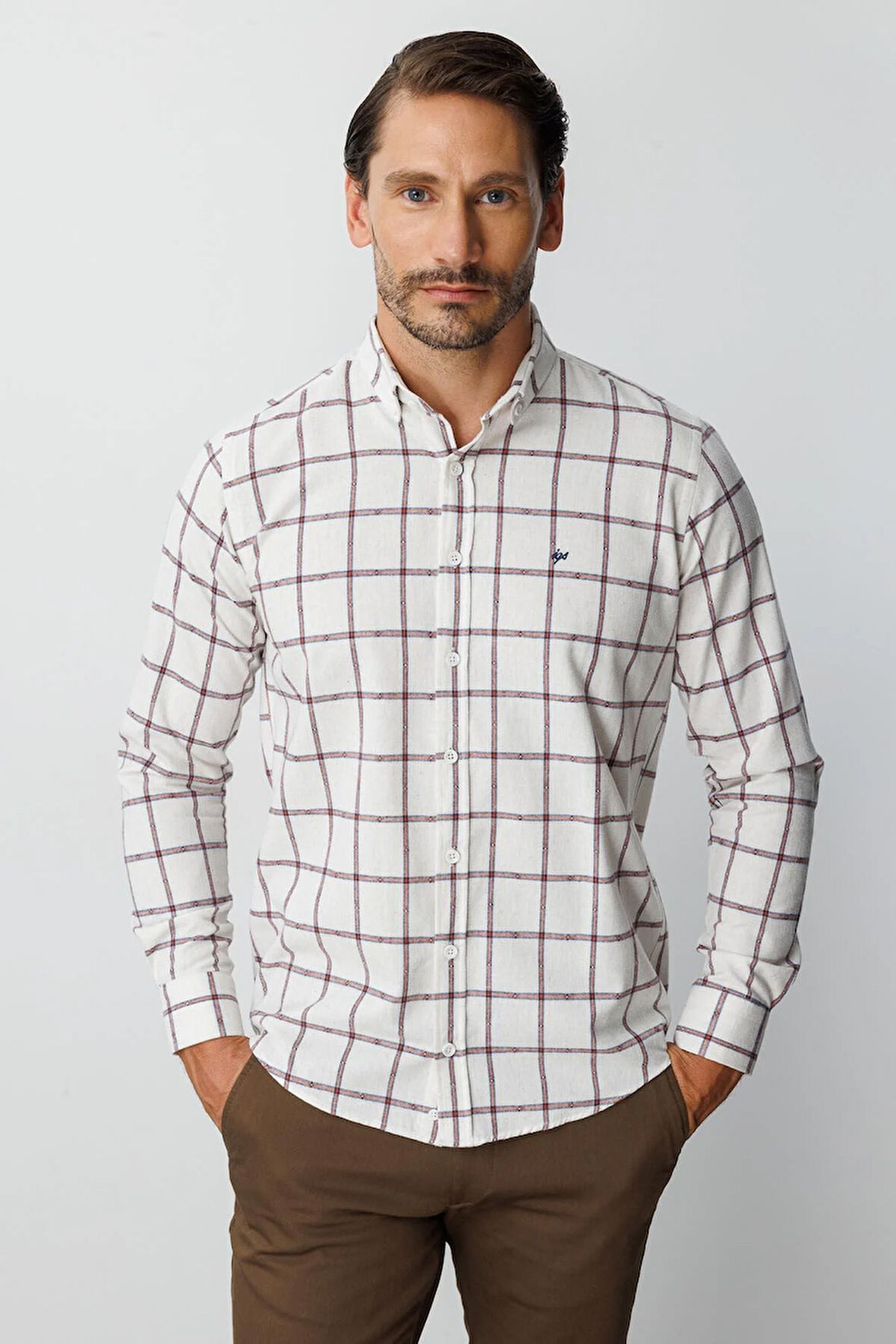 Ekru Dynamic Fit  Düğmeli Yaka  Ekose Uzun Kollu Pamuklu Gömlek