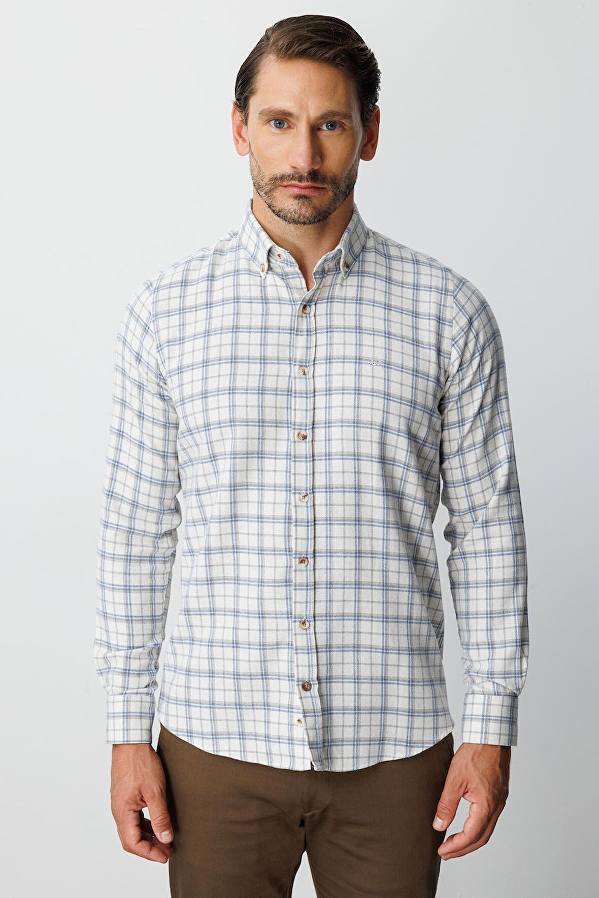 Ekru Dynamic Fit  Düğmeli Yaka  Ekose Uzun Kollu Pamuklu Gömlek