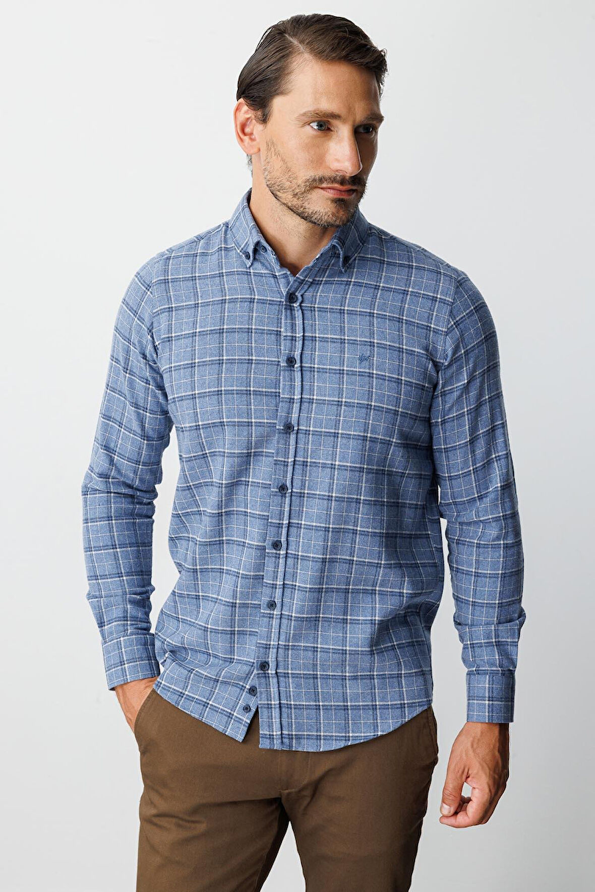 Mavi Dynamic Fit  Düğmeli Yaka  Ekose Uzun Kollu Pamuklu Gömlek