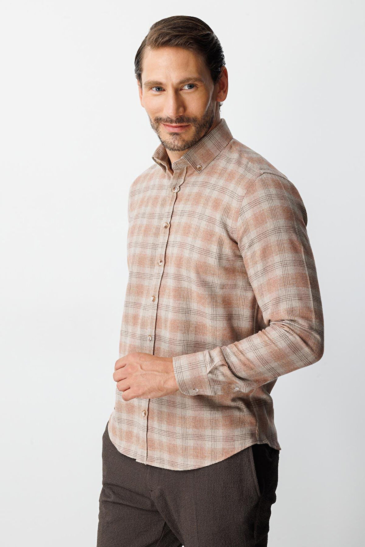 Kiremit Dynamic Fit  Düğmeli Yaka  Ekose Uzun Kollu Pamuklu Gömlek