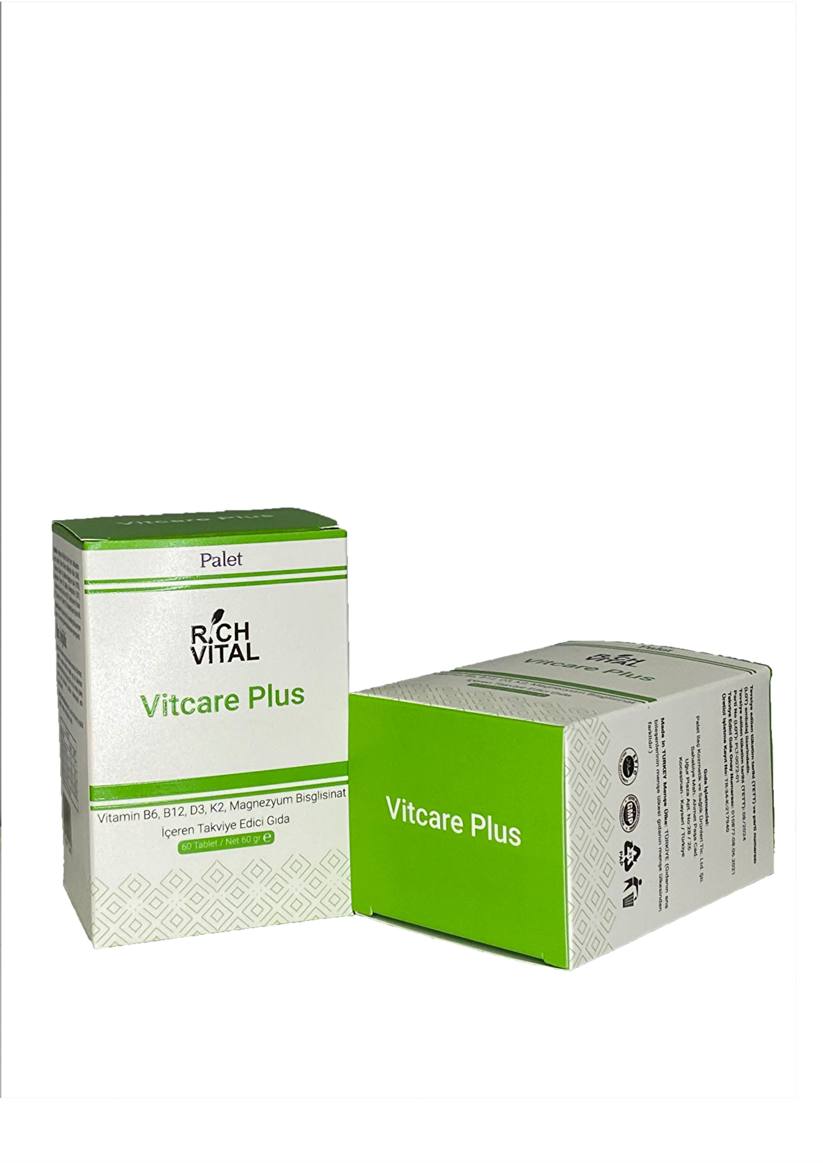 Palet Rich Vital Vitcare Plus, Vitamin B6, B12, D3, K2, Magnezyum Bisglisinat 60 Tablet