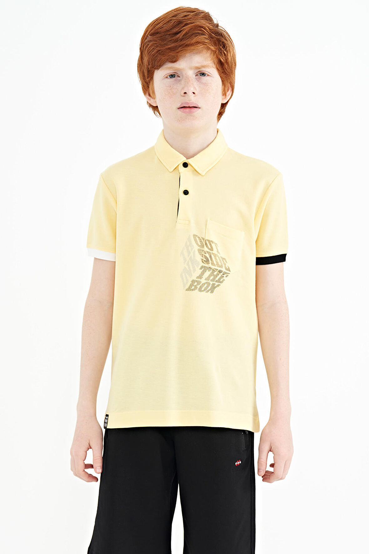 Sarı Ön Cep Detaylı Baskılı Standart Kalıp Polo Yaka Erkek Çocuk T-Shirt - 11102 | 9-10 Yaş