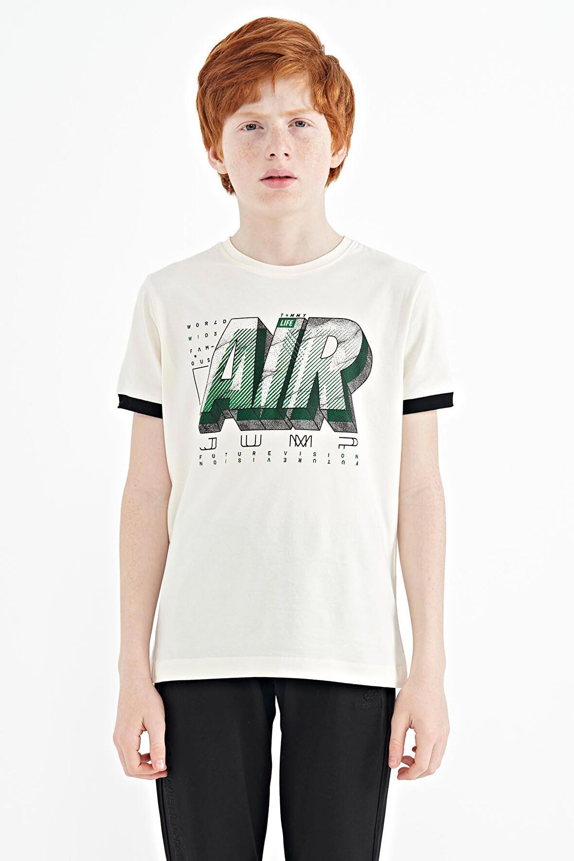 Ekru Yazı Baskılı Standart Kalıp O Yaka Erkek Çocuk T-Shirt - 11098 | 4-5 Yaş