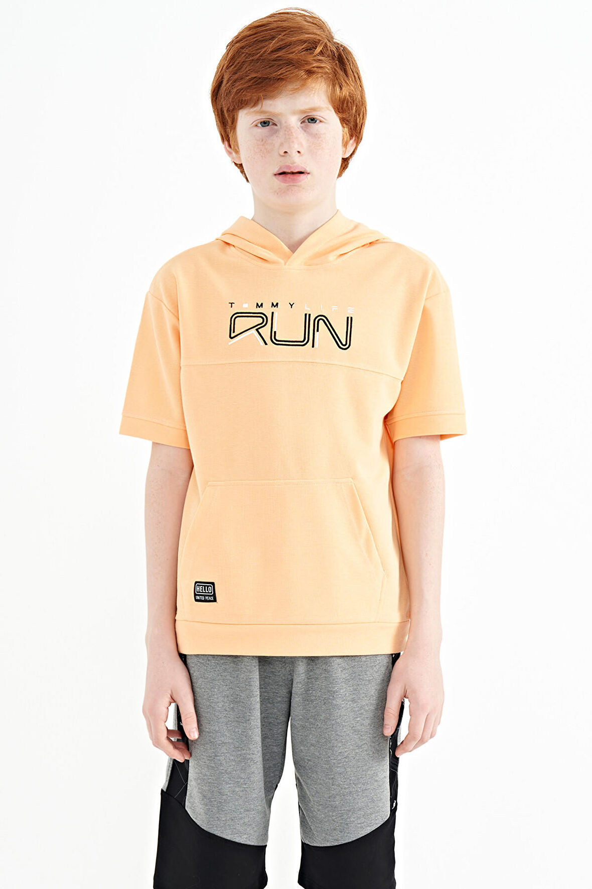 Kavun Içi Kanguru Cepli Kapüşonlu Oversize Erkek Çocuk T-Shirt - 11160