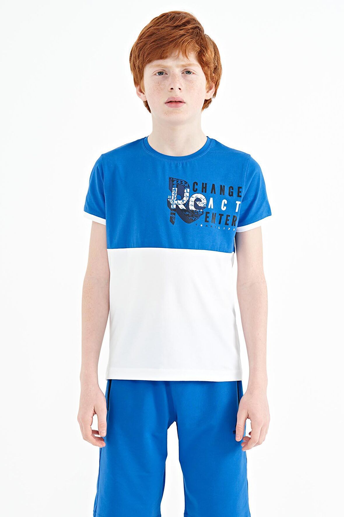 Saks Baskı Detaylı Renk Bloklu Standart Kalıp O Yaka Erkek Çocuk T-Shirt - 11107 | 14-15 Yaş