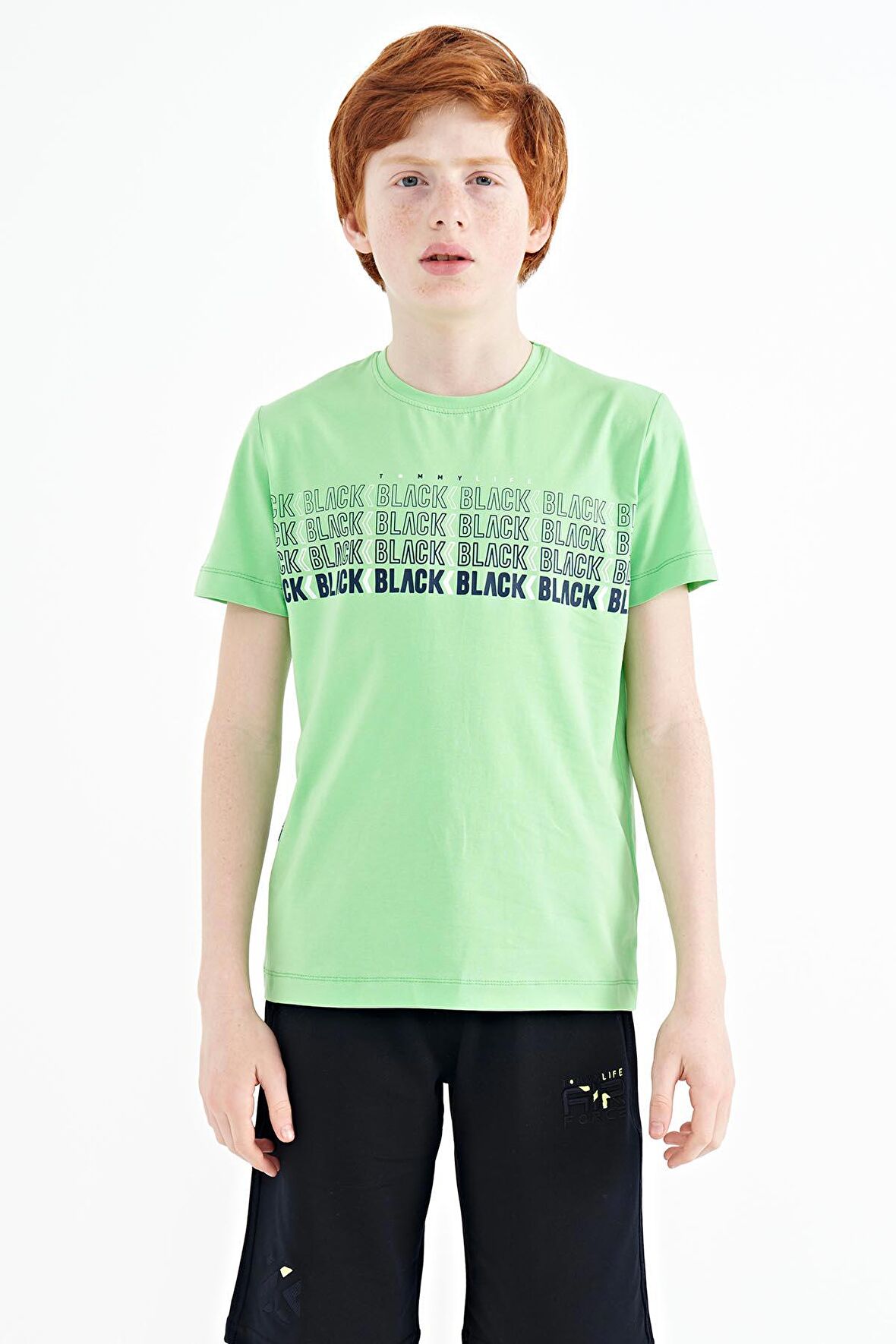 Neon Yeşil Yazı Baskılı O Yaka Standart Kalıp Erkek Çocuk T-Shirt - 11149 | 3-4 Yaş