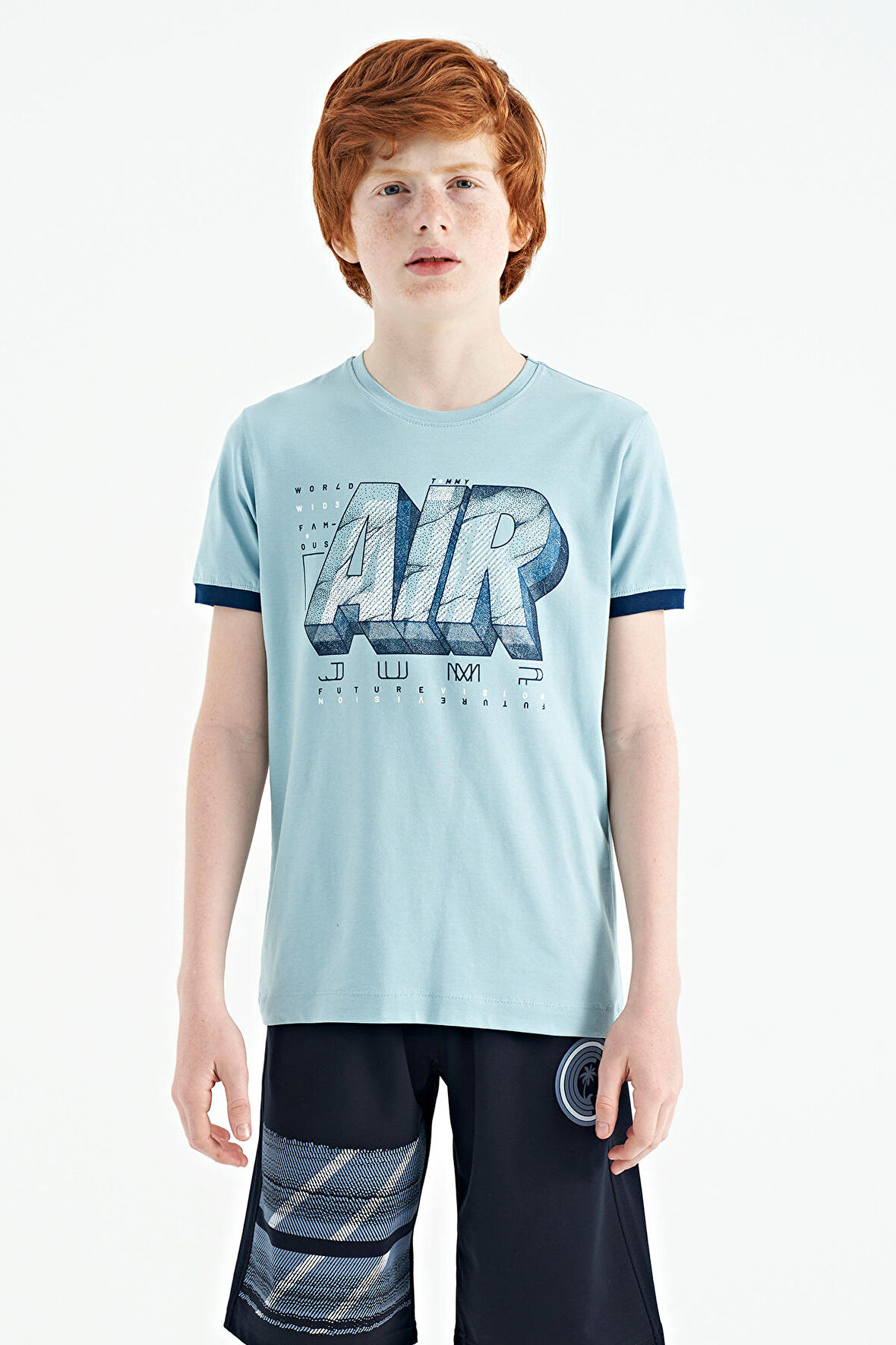 Açık Mavi Yazı Baskılı Standart Kalıp O Yaka Erkek Çocuk T-Shirt - 11098 | 4-5 Yaş