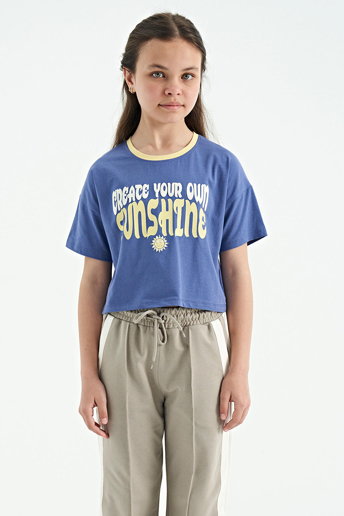 Açık Eflatun Renkli Yazı Baskılı O Yaka Oversize  Kısa Kollu Kız Çocuk T-Shirt - 75111 | 12-13 Yaş