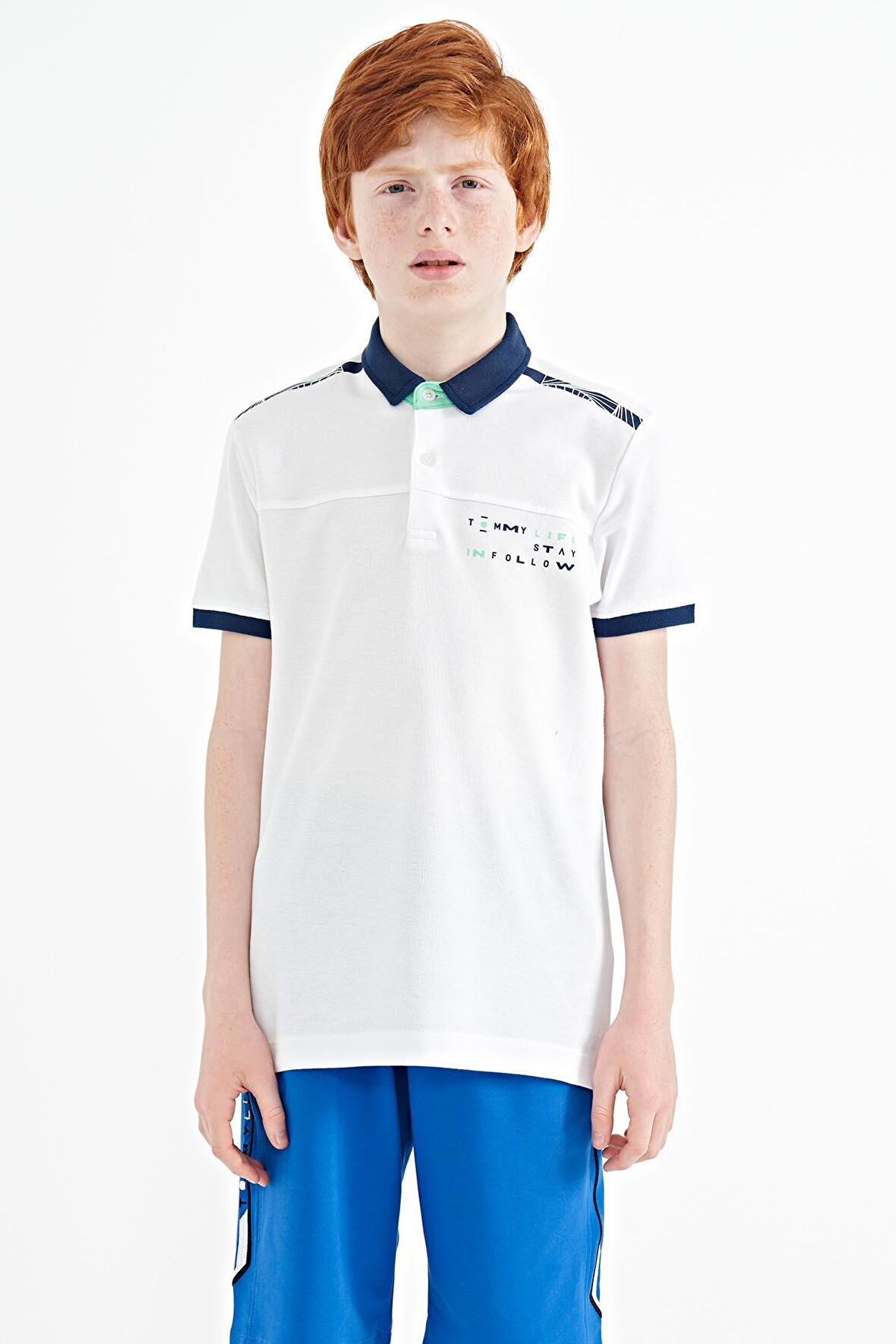 Beyaz Baskı Detaylı Standart Kalıp Polo Yaka Erkek Çocuk T-Shirt - 11140 | 12-13 Yaş