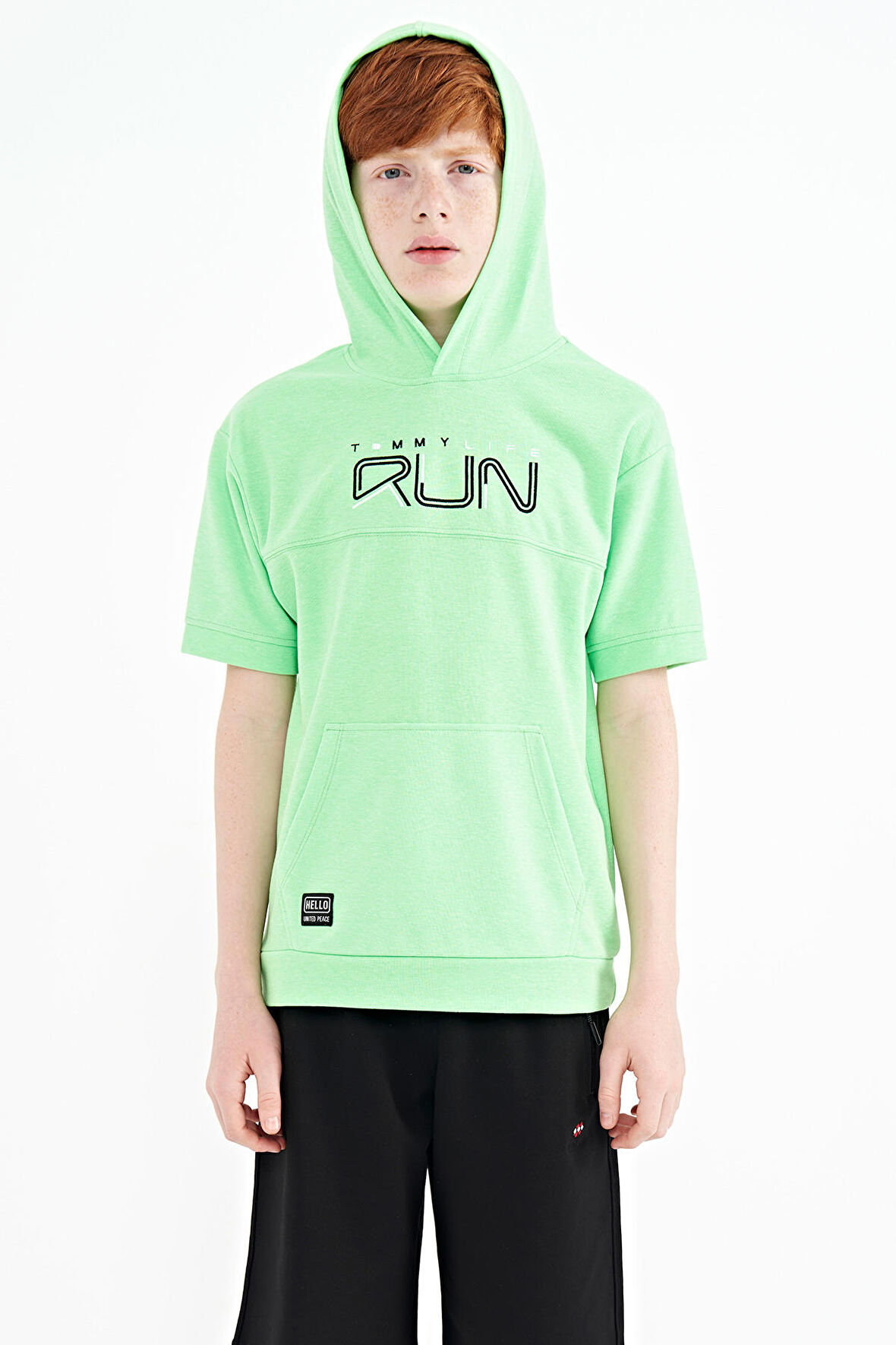 Neon Yeşil Kanguru Cepli Kapüşonlu Oversize Erkek Çocuk T-Shirt - 11160 | 7-8 Yaş