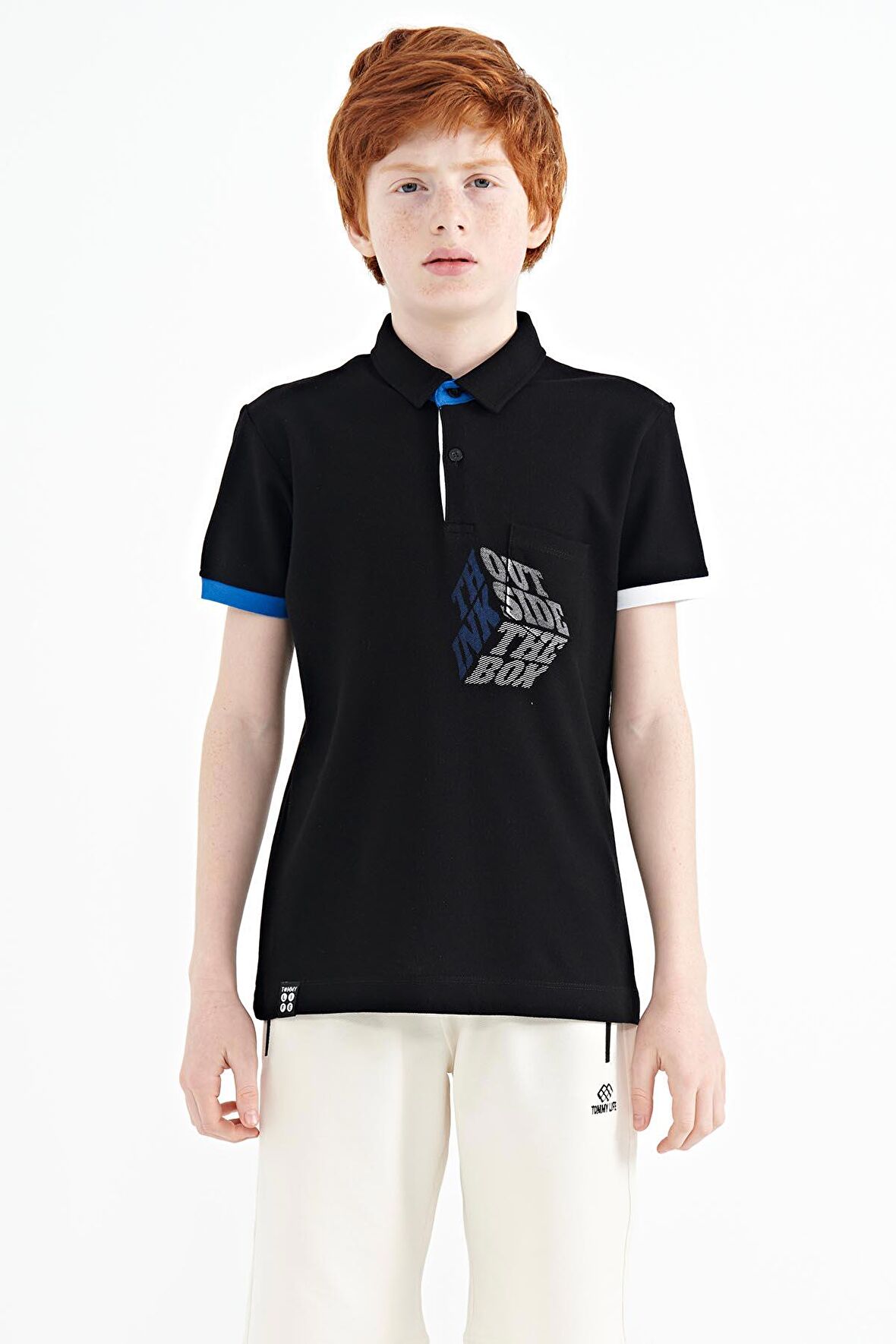 Siyah Ön Cep Detaylı Baskılı Standart Kalıp Polo Yaka Erkek Çocuk T-Shirt - 11102 | 9-10 Yaş