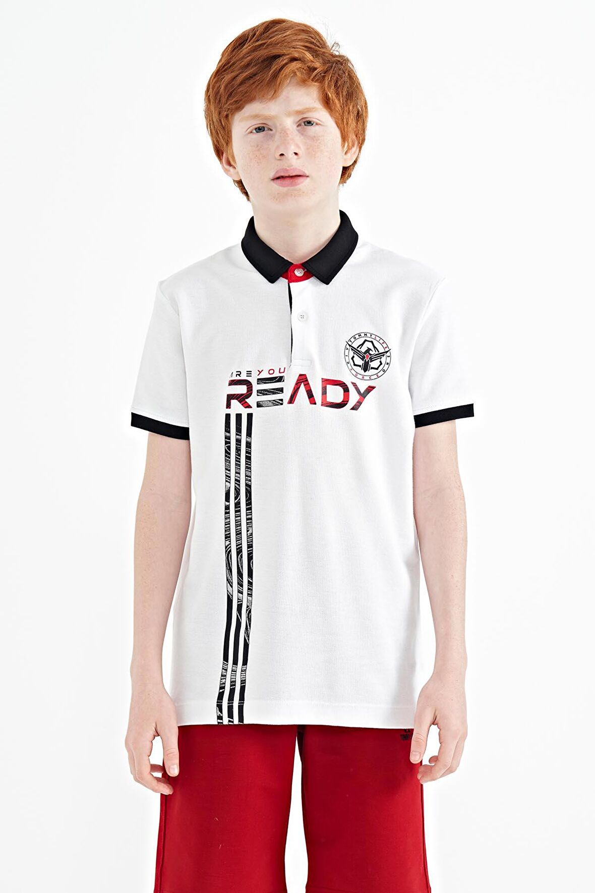 Beyaz Yazı Baskı Desenli Standart Kalıp Polo Yaka Erkek Çocuk T-Shirt - 11143 | 11-12 Yaş